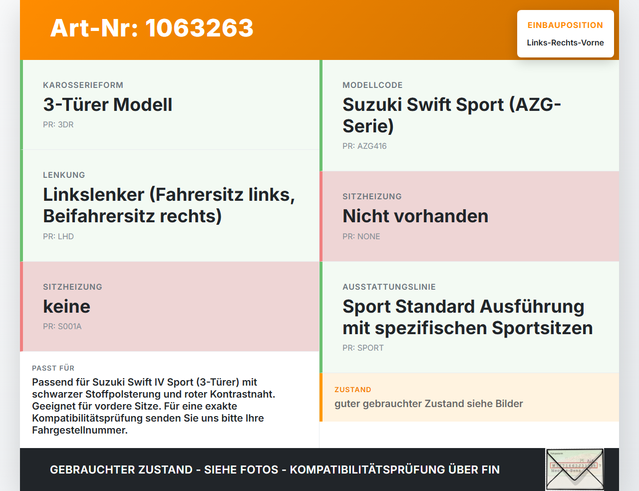 Suzuki Swift IV FZ NZ 12-17 3T Kopfstütze für Beifahrer Sitz Rechts oder Links Vorne rote Naht Suzuki Swift IV FZ... Vorschau 3