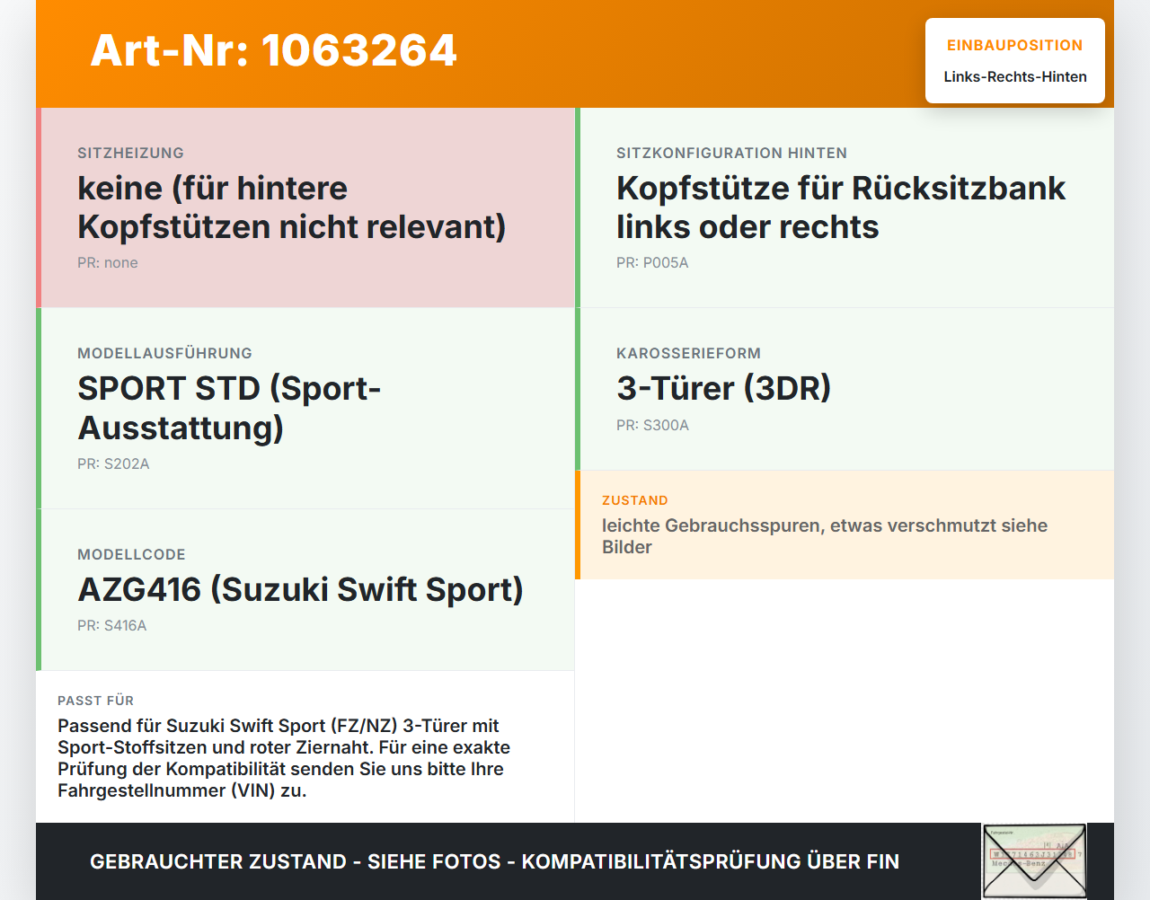 Suzuki Swift IV FZ NZ 12-17 Kopfstütze Rechts oder Links Hinten rote Naht Suzuki Swift IV FZ NZ 12-17 04.07.2016... Vorschau 3