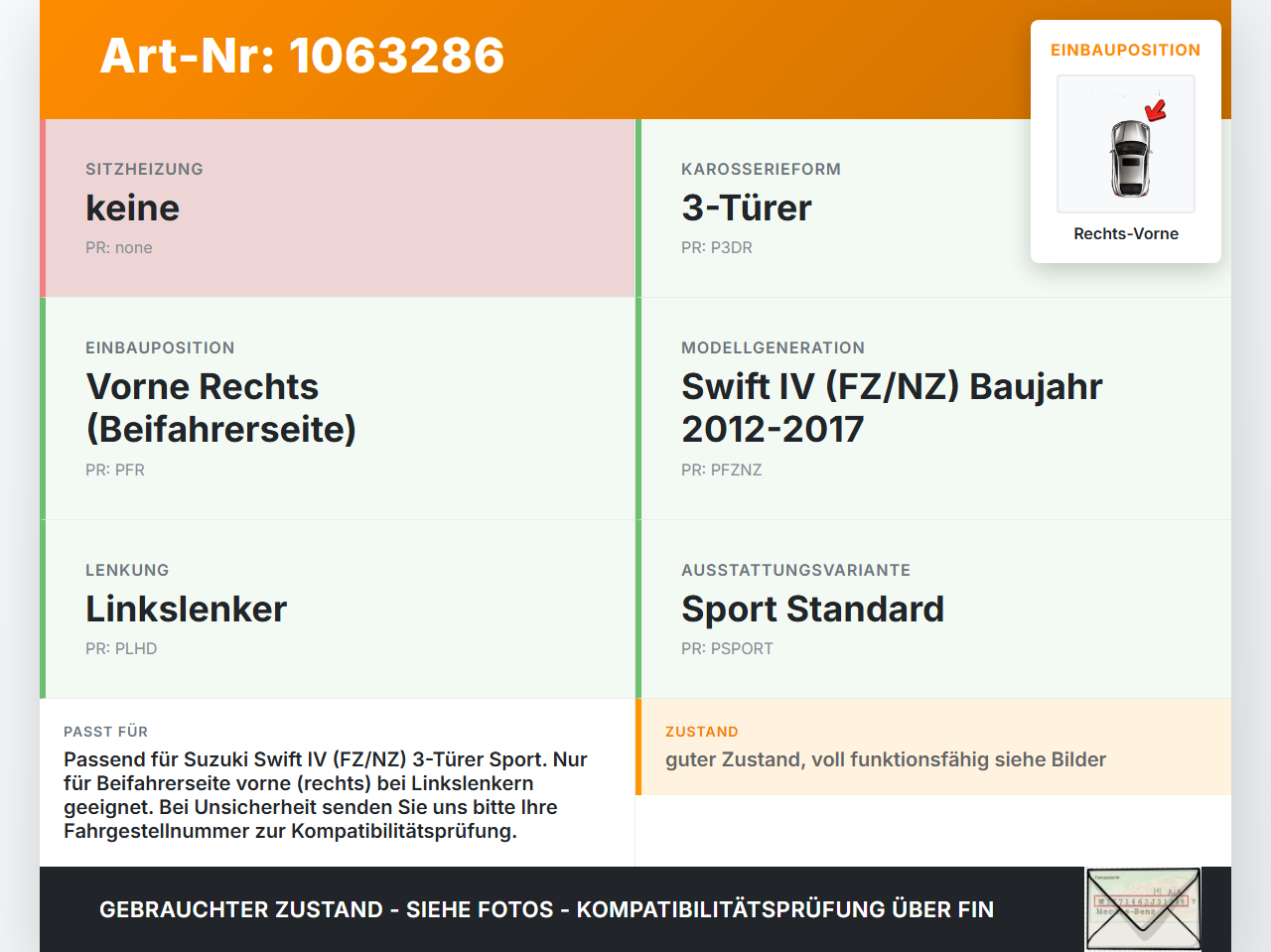 Suzuki Swift IV FZ NZ 12-17 3T Gurtschloss Rechts Vorne Suzuki Swift IV FZ NZ 12-17 04.07.2016 gebraucht Vorschau 3