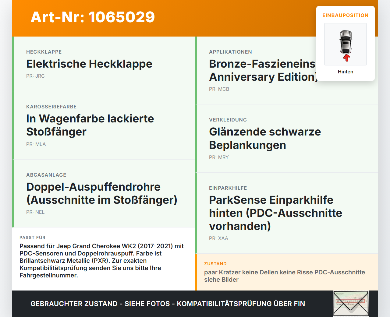 Jeep Grand Cherokee WK2 17-21 3,0d 184KW Stoßstange Stoßfänger Hinten Jeep Grand Cherokee WK2 17-21 16.09.2016... Vorschau 3