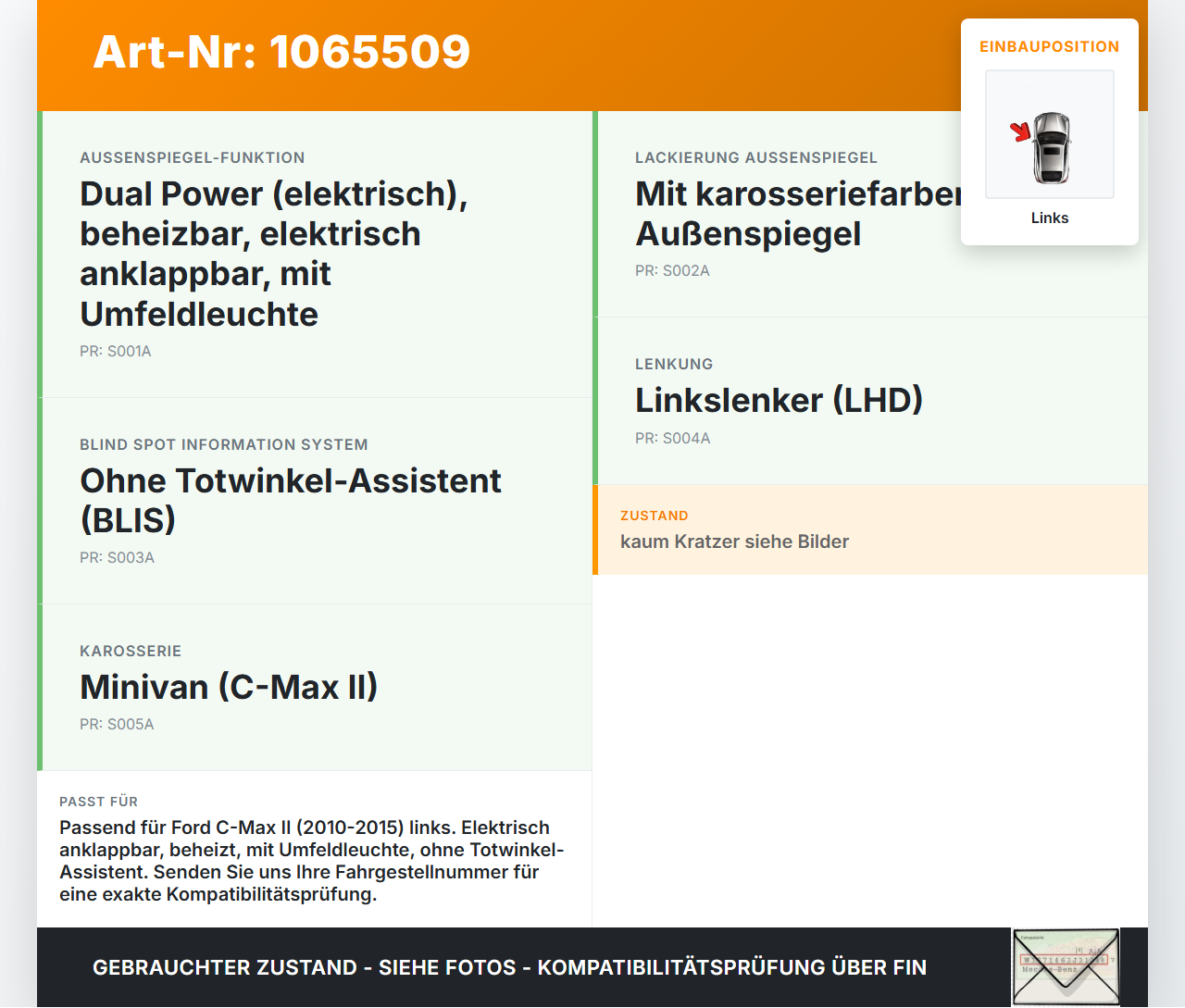 Ford C-max II 10-15 Spiegel Aussenspiegel Links         VA Ford C-max II 10-15 13.02.2012 AM51-17683-LM gebraucht Vorschau 3