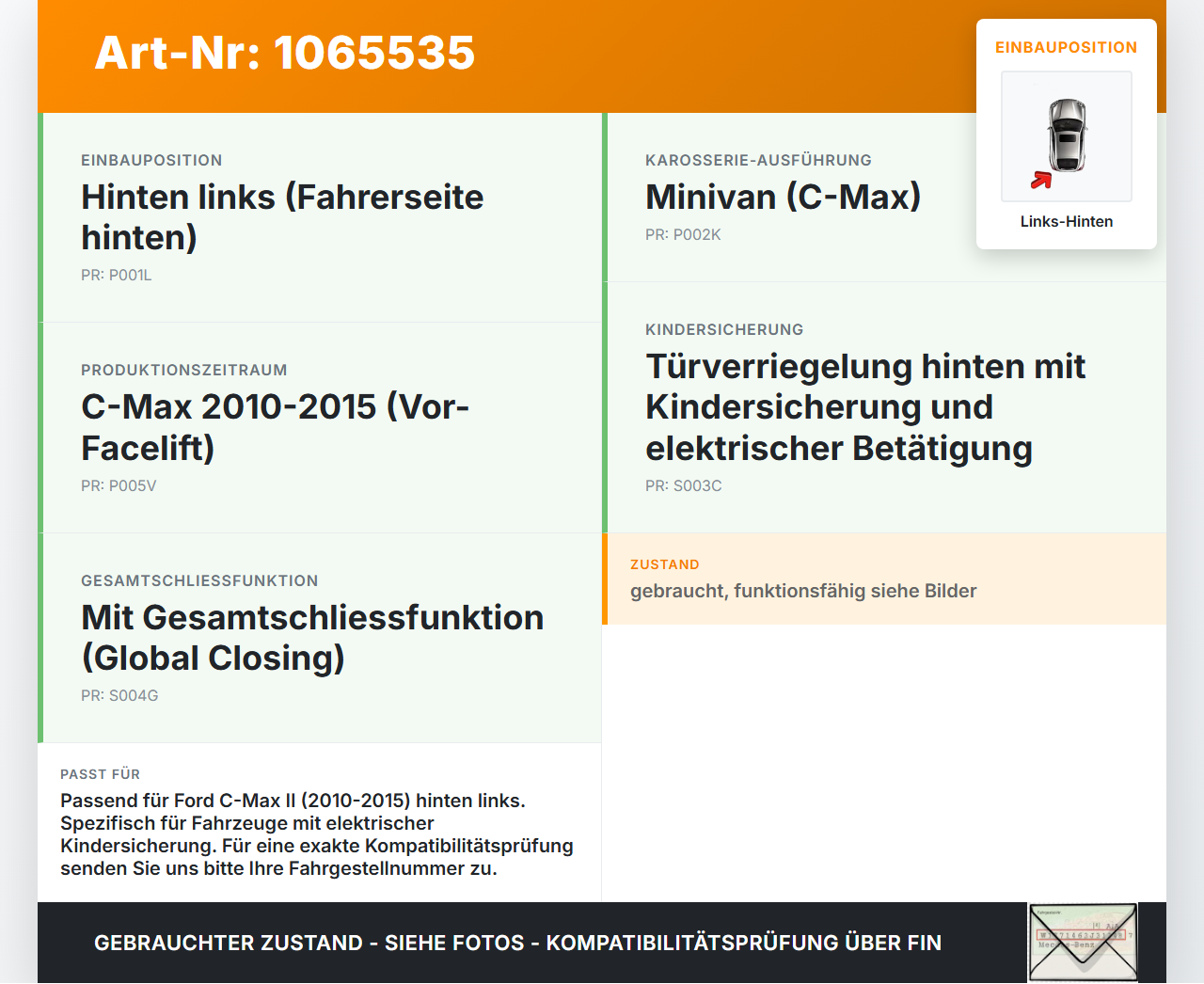 Ford C-max II 10-15 Türfangband  Türbremse Türanschlag Links Hinten Ford C-max II 10-15 13.02.2012 AM51-R27200-AC... Vorschau 3