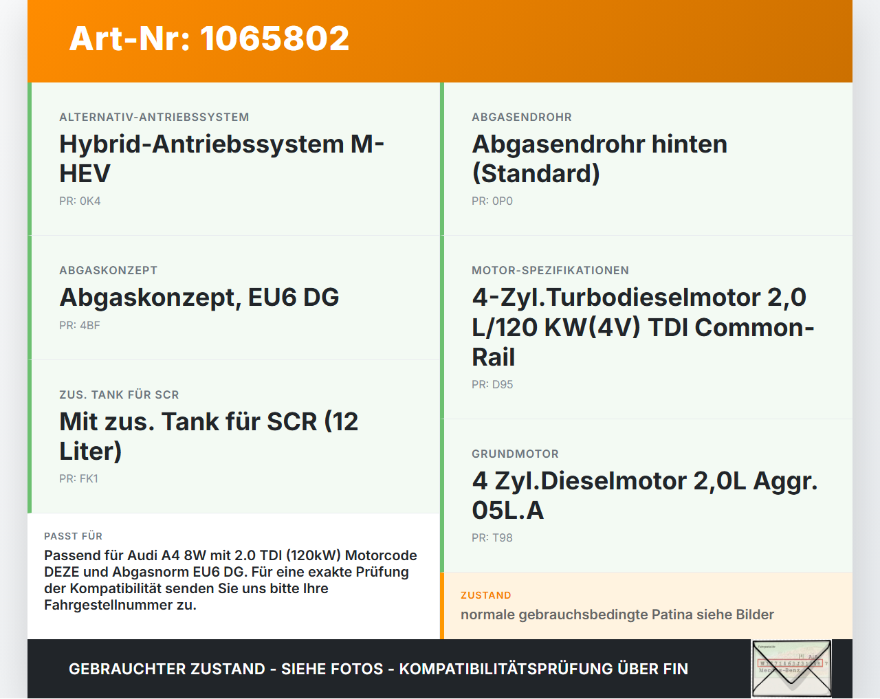 Audi A4 8W 19-24 TDI 2,0 120KW Katalysator Kat Audi A4 8W 19-24 27.01.2020 8W0254452C gebraucht Vorschau 3
