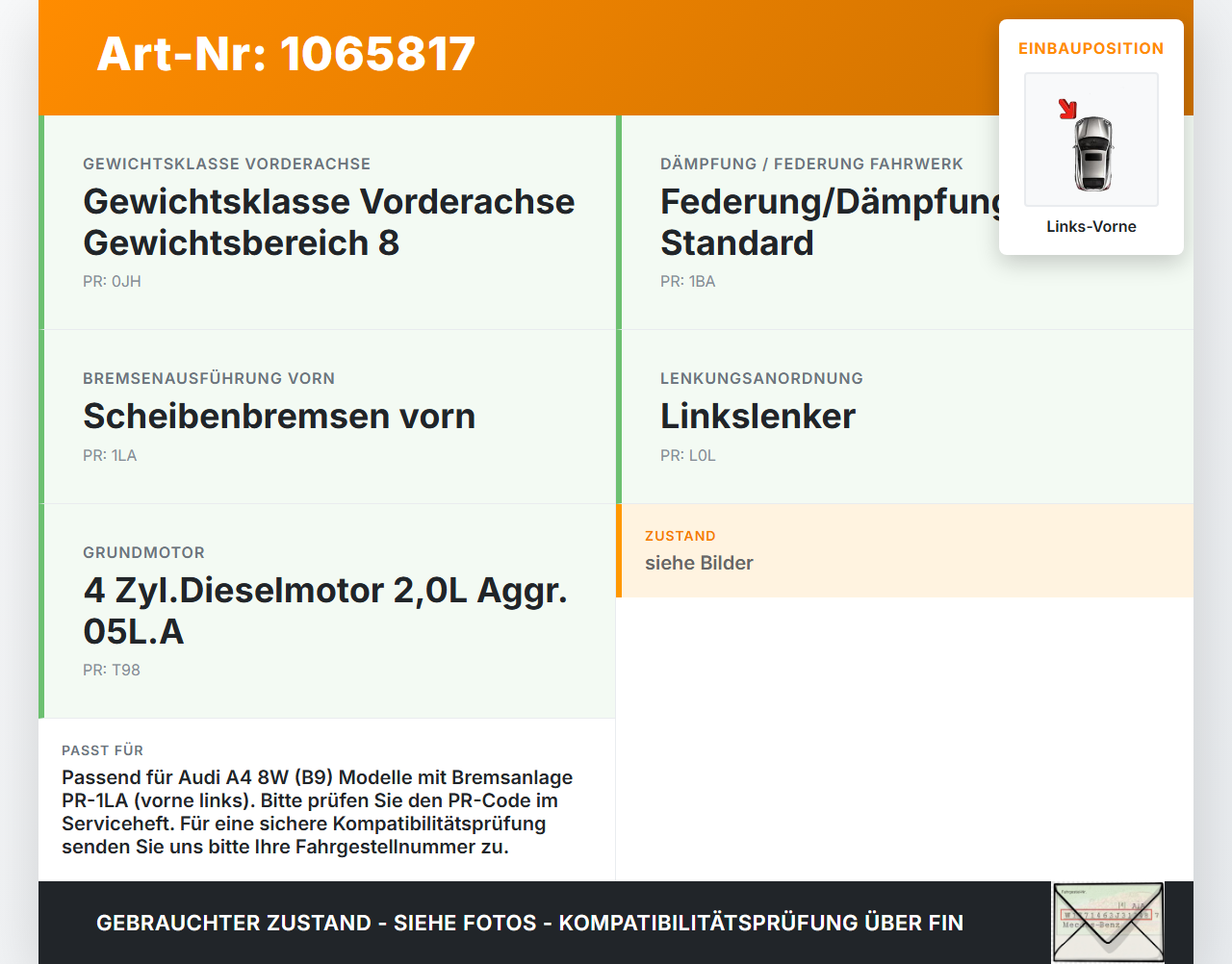 Audi A4 8W 19-24 TDI 2,0 120KW Bremssattel Bremszange Vorne Links Audi A4 8W 19-24 27.01.2020 8W0615123 gebraucht Vorschau 3