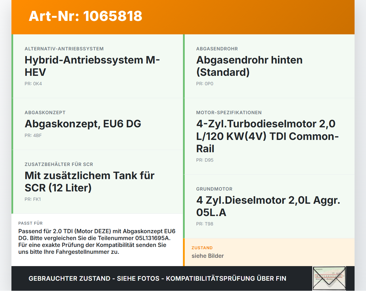 Audi A4 8W 19-24 TDI 2,0 120KW Katalysator Kat Audi A4 8W 19-24 27.01.2020 05L131695A K083B gebraucht Vorschau 3