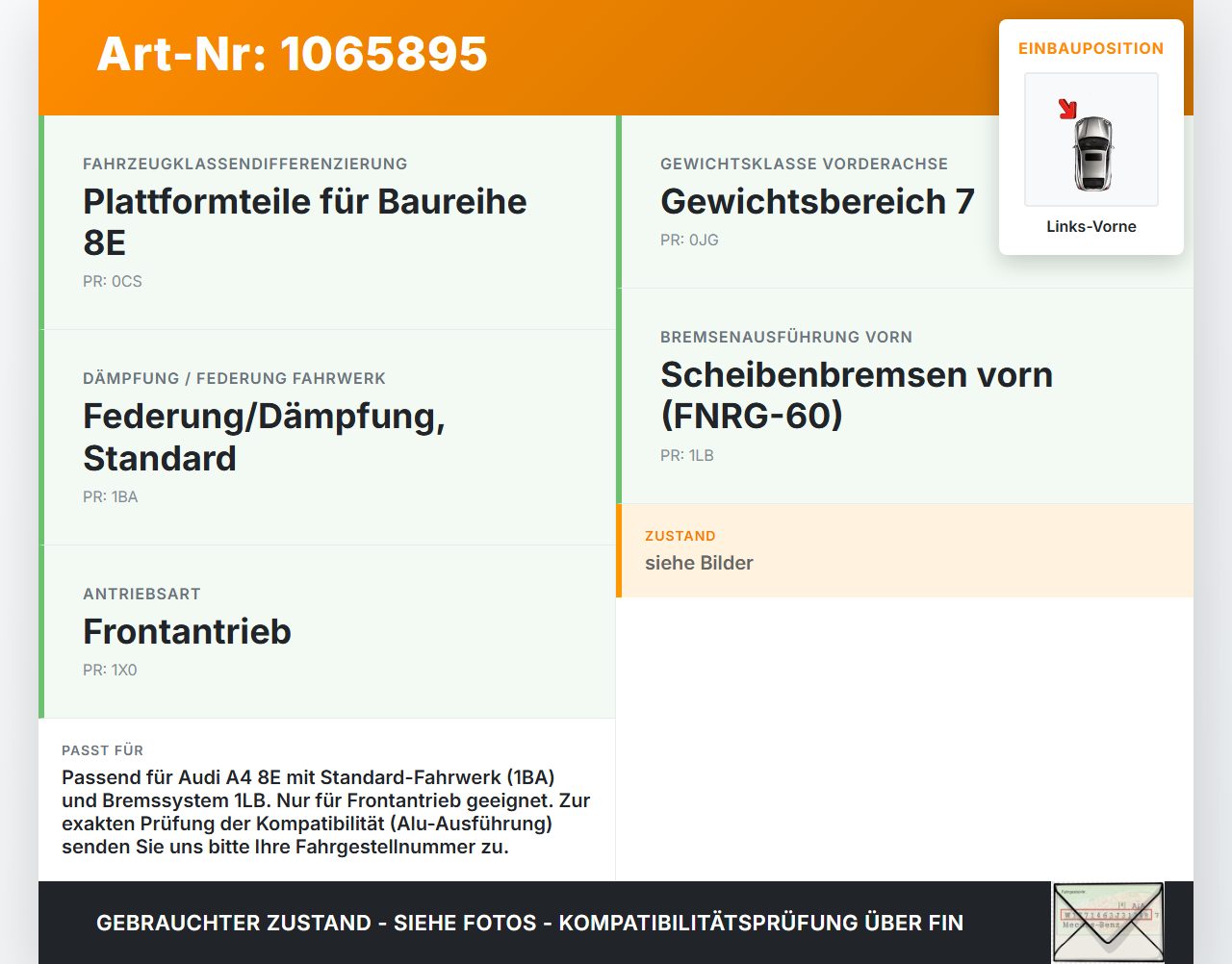 Audi A4 8E 04-08 2,0 96KW Achsschenkel Radnabe mit ABS Links Vorne Audi A4 8E 04-08 12.09.2005 8E0407253E gebraucht Vorschau 3