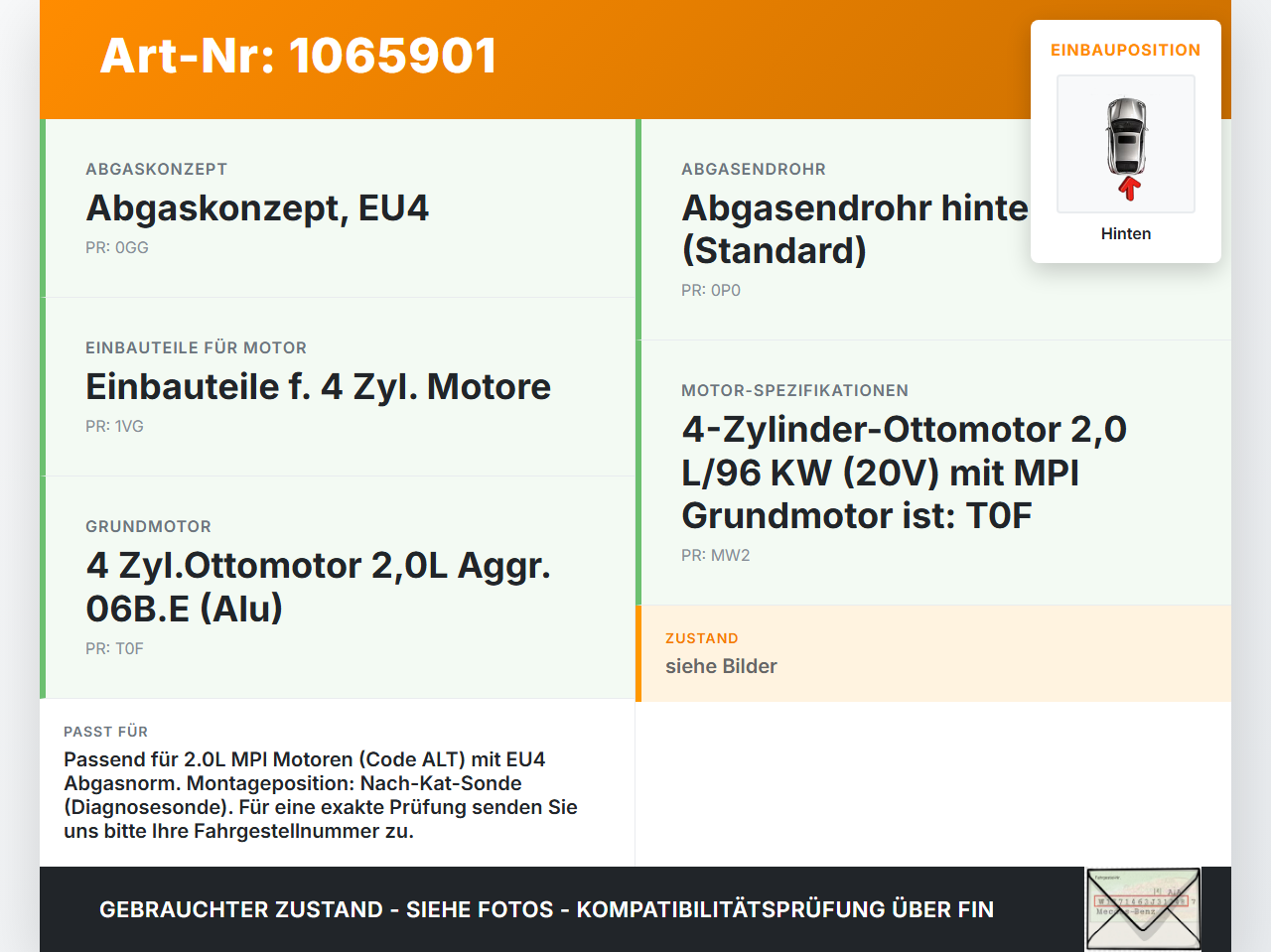 Audi A4 8E 04-08 2,0 96KW Lambdasonde Hinten Audi A4 8E 04-08 12.09.2005 1K0998262 gebraucht Vorschau 3