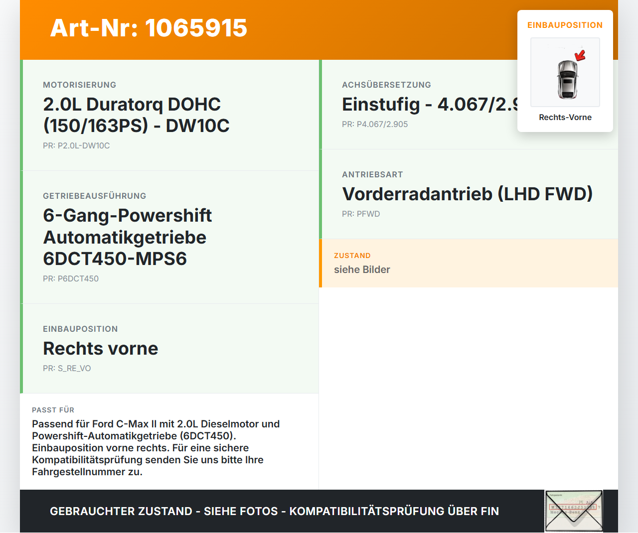 Ford C-max II 10-15 2,0 120KW Autom Antriebswelle Gelenkwelle Rechts Vorne Ford C-max II 10-15 13.02.2012... Vorschau 3