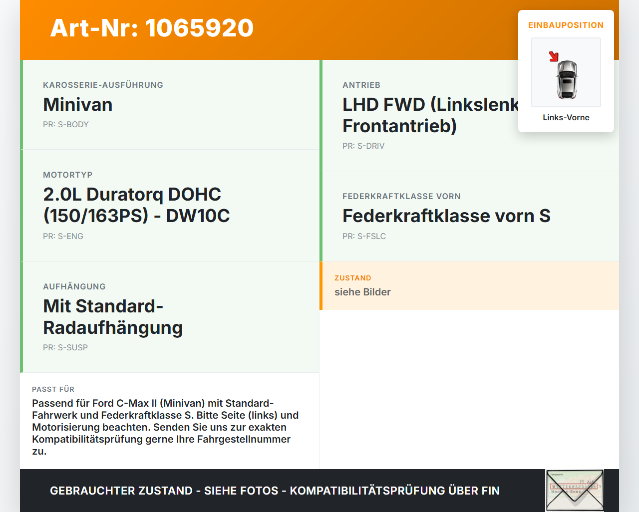 Ford C-max II 10-15 Federbein Stossdämpfer Vorne Links Ford C-max II 10-15 13.02.2012 AV61-18K001-ACE 57154-00... Vorschau 3