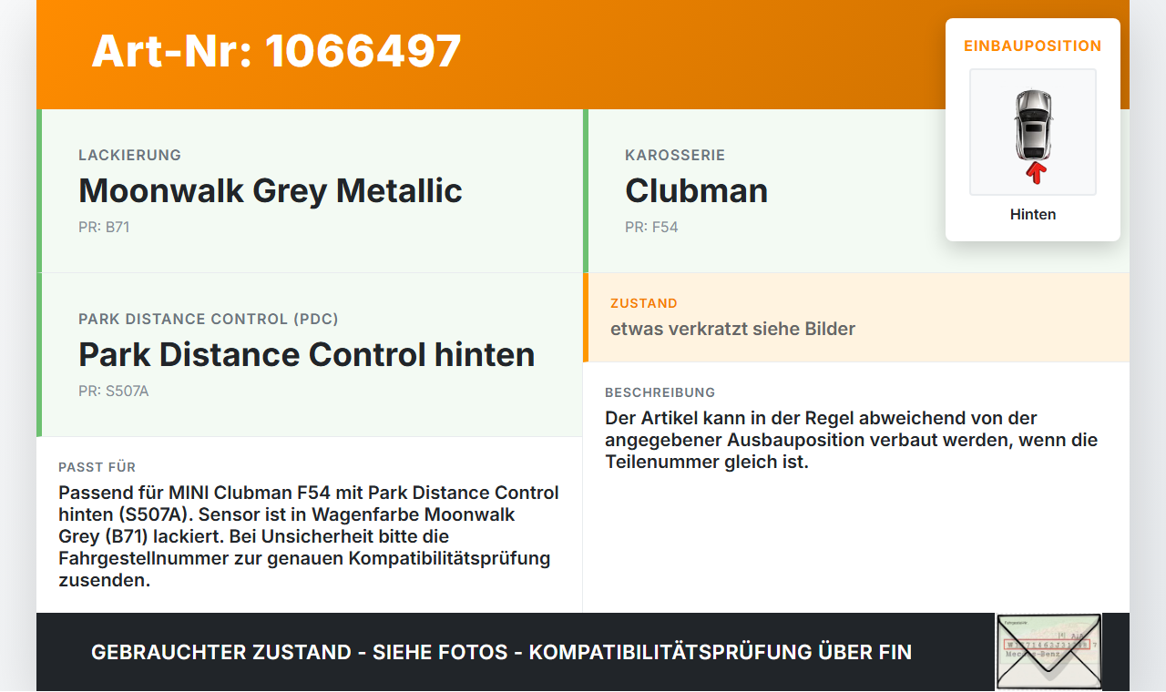MINI F54  Clubman 15-19 Abstands Sensor Parksensor PDC Hinten Innen Pos.1 B71 MINI F54  Clubman 15-19 19.05.2017... Vorschau 3