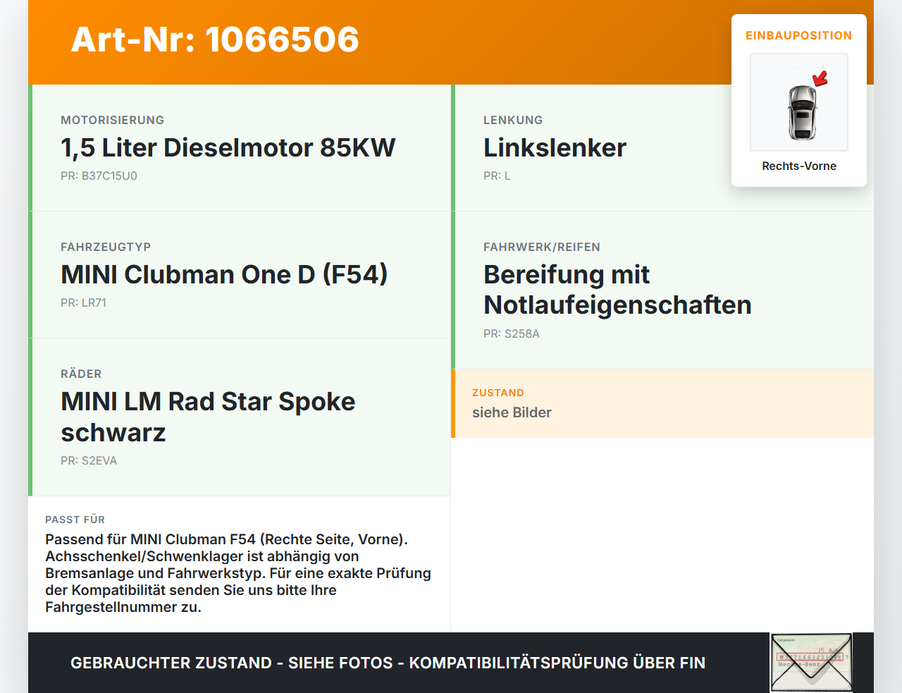 MINI F54  Clubman 15-19 1,5 85KW Achsschenkel Radnabe Rechts Vorne MINI F54  Clubman 15-19 19.05.2017 31216876646... Vorschau 3