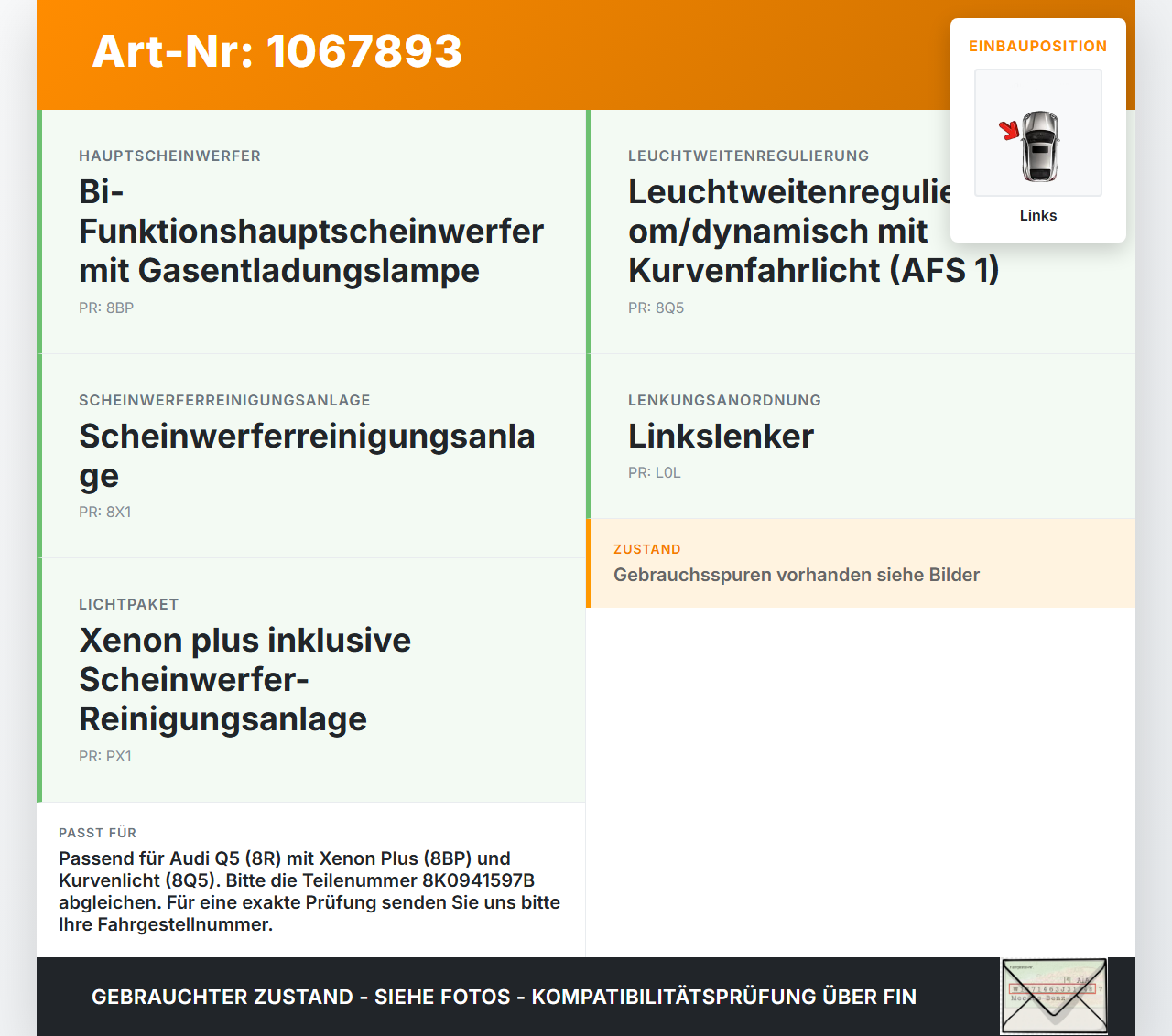 Audi Q5 8R 12-16 Xenon Vorschaltgerät Links Audi Q5 8R 12-16 04.10.2016 8K0941597B 4UM154367 gebraucht Vorschau 3
