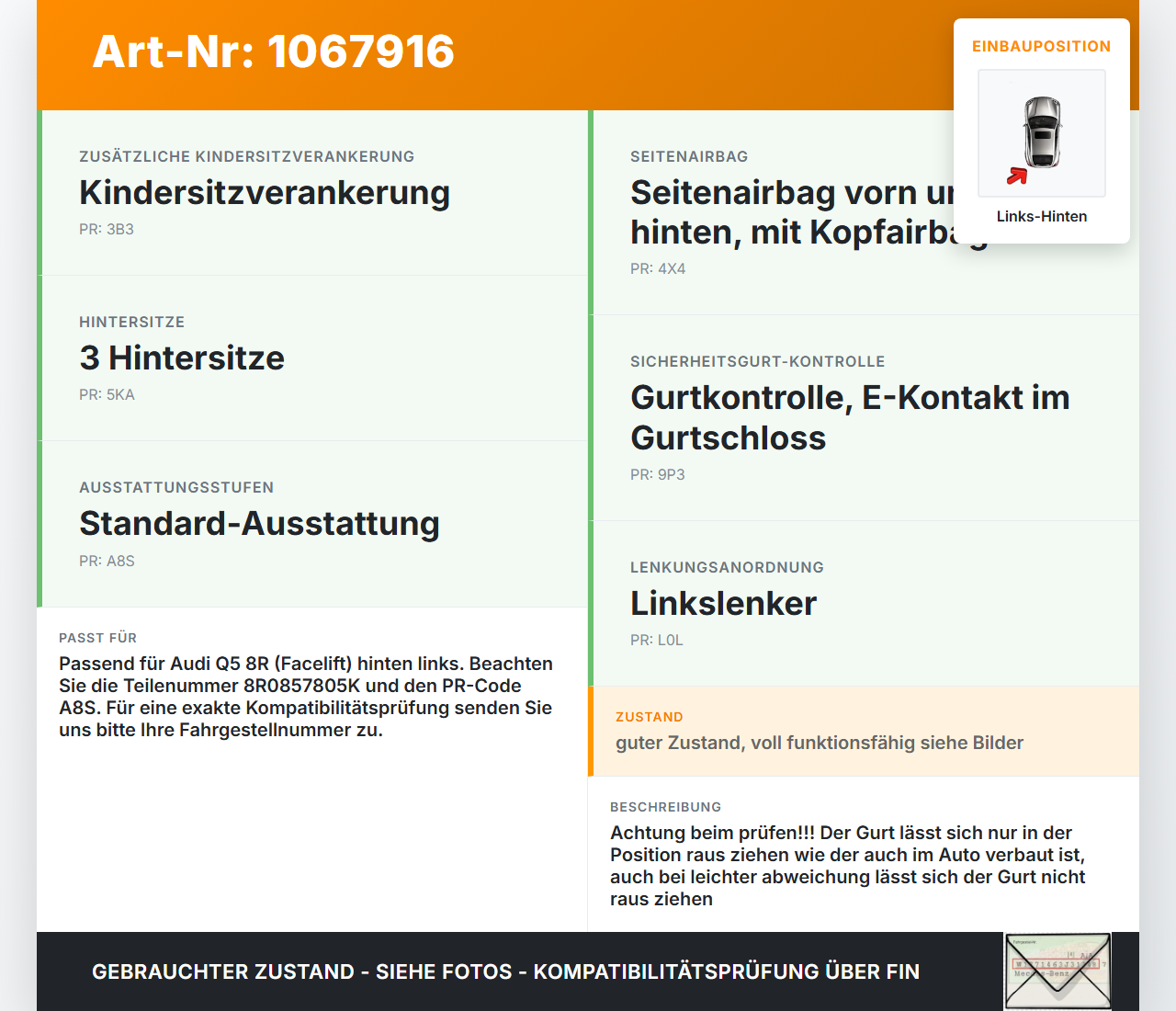 Audi Q5 8R 12-16 Gurt Sicherheitsgurt Links Hinten Audi Q5 8R 12-16 04.10.2016 8R0857805K 624422700 gebraucht Vorschau 3