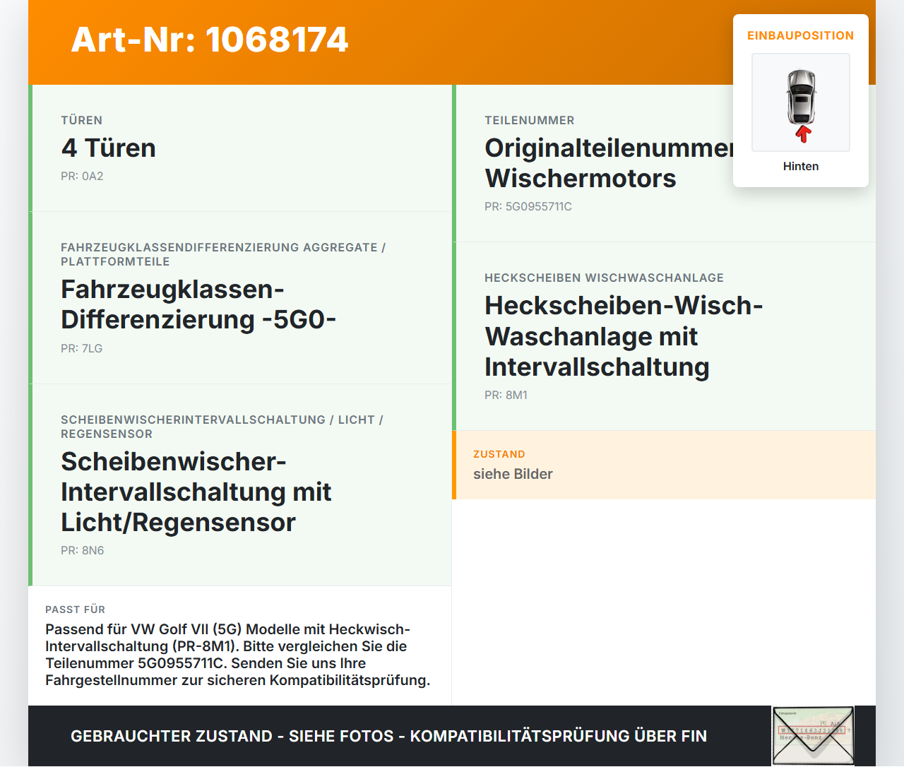 VW Golf VII 7 5G 17-20 5T Wischermotor Hinten Heckwischermotor VW Golf VII 7 5G 17-20 22.11.2019 5G0955711C... Vorschau 3