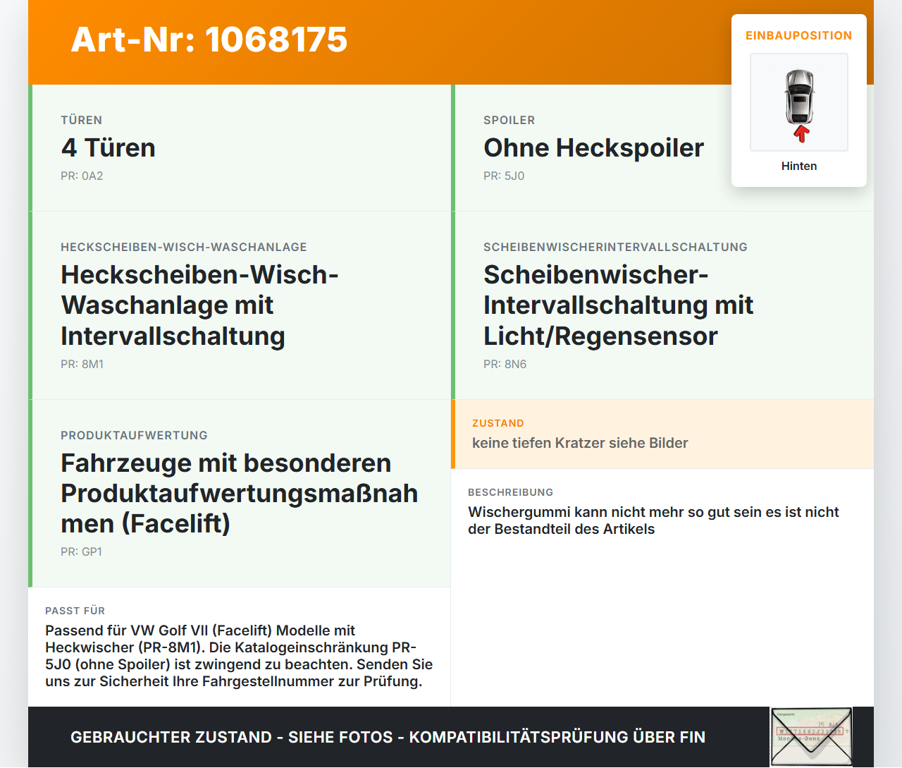 VW Golf VII 7 5G 17-20 5T Heckwischer Scheibenwischer Hinten Wischarm VW Golf VII 7 5G 17-20 22.11.2019 5G6955427C... Vorschau 3