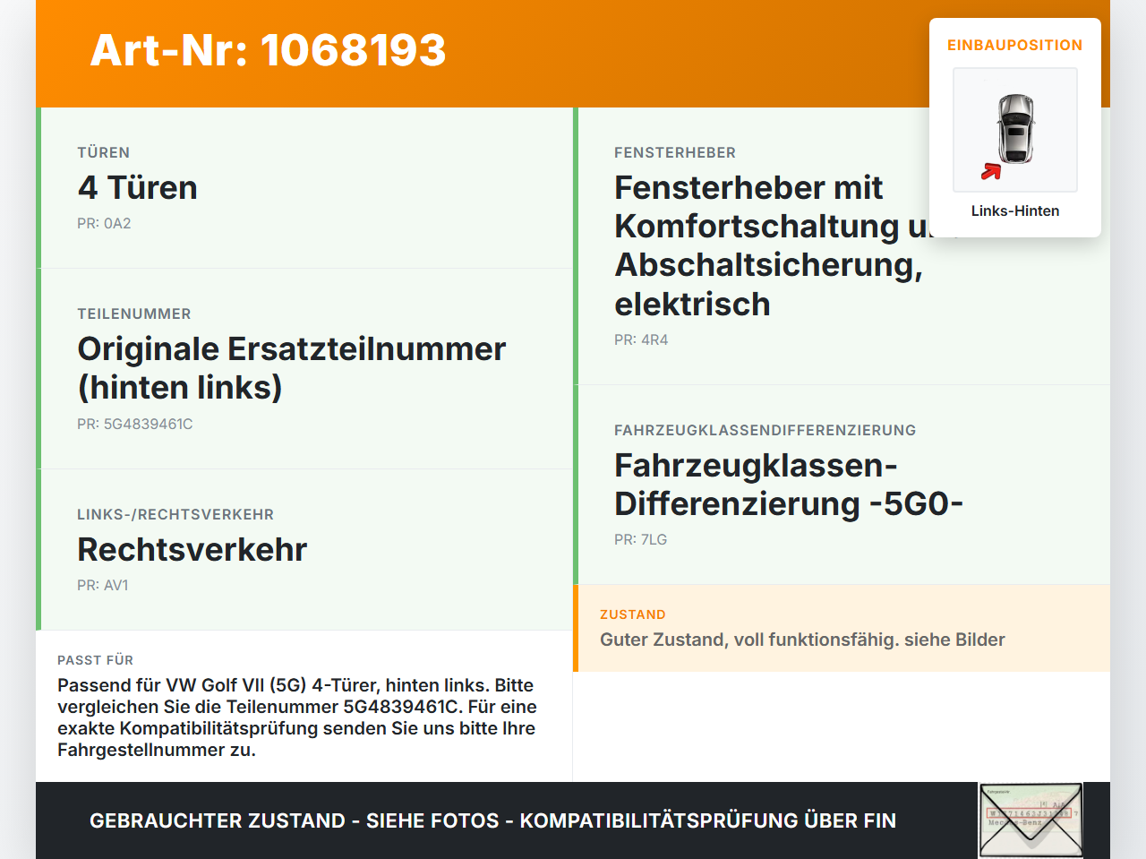 VW Golf VII 7 5G 17-20 5T Fensterhebermotor Fensterheber Hinten Links VW Golf VII 7 5G 17-20 22.11.2019 5G4839461C... Vorschau 3