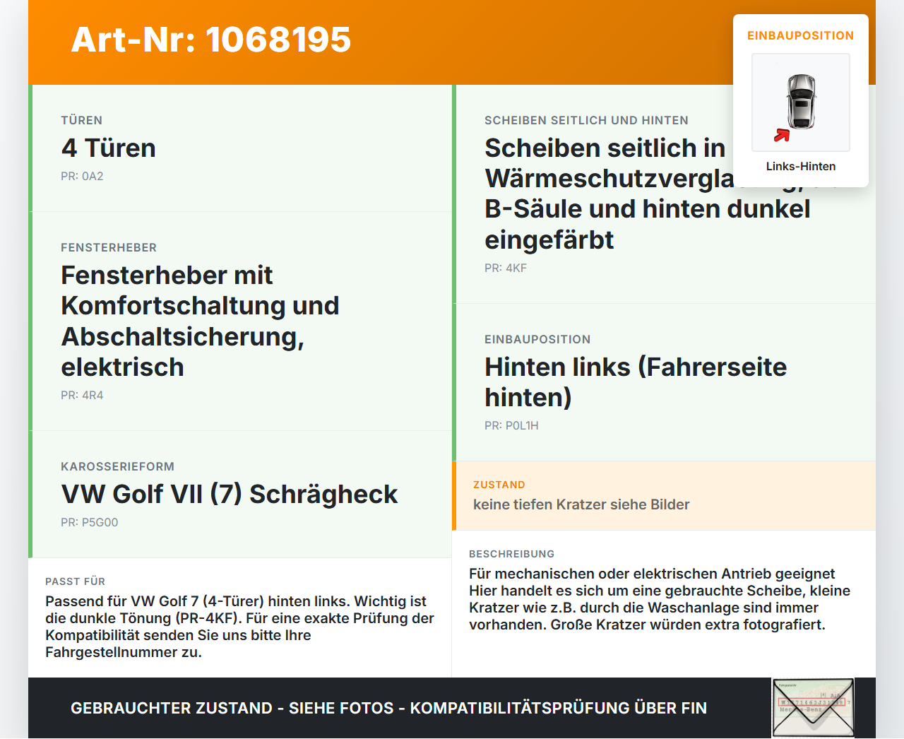 VW Golf VII 7 5G 17-20 5T LHK Seitenscheibe für Tür Fenster Scheibe Links Hinten Orig. getönt VW Golf VII 7 5G... Vorschau 3
