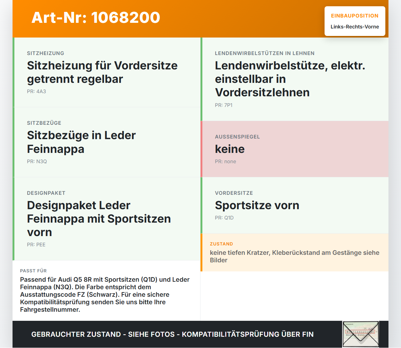 Audi Q5 8R 12-16  Leder Kopfstütze für Beifahrer Sitz Rechts oder Links Vorne Audi Q5 8R 12-16 04.10.2016... Vorschau 3
