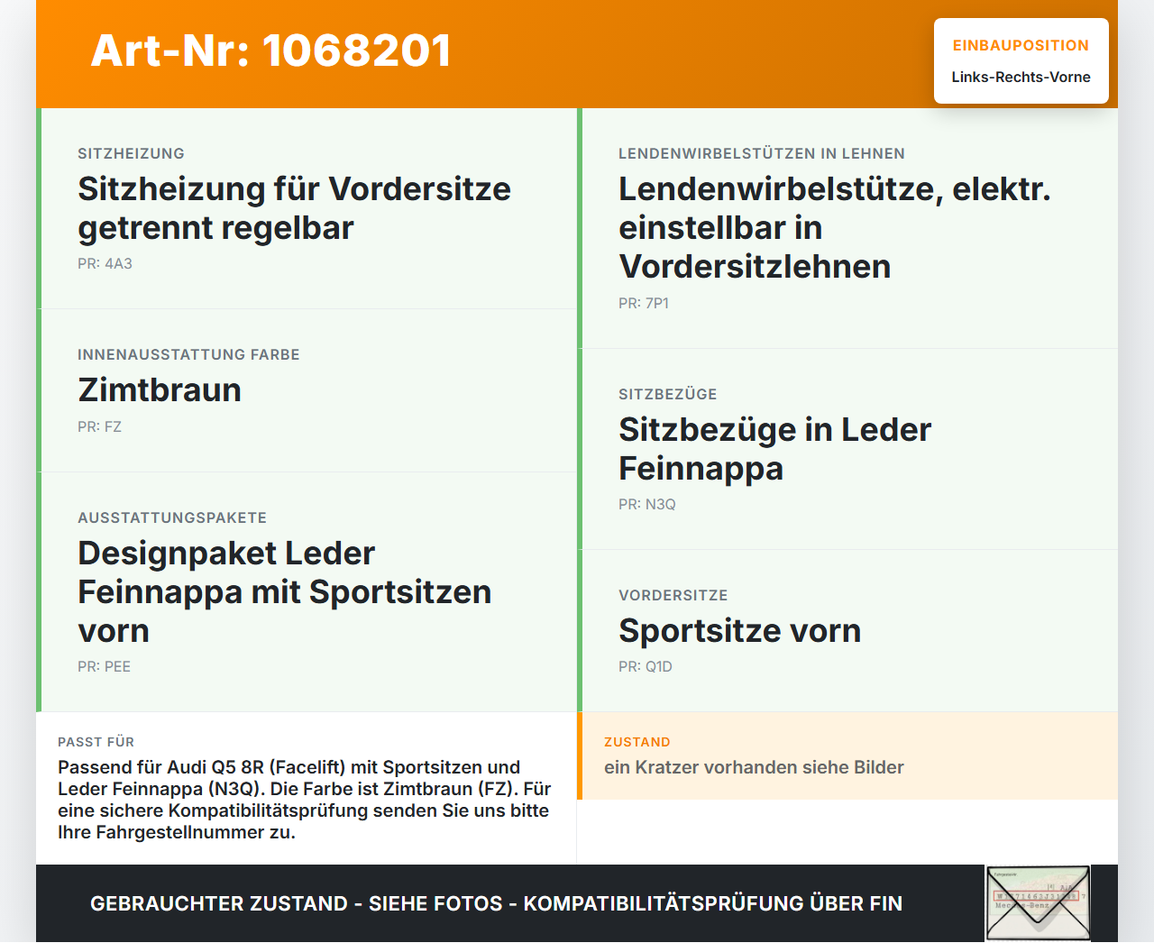 Audi Q5 8R 12-16 Leder Kopfstütze für Fahrer Sitz Rechts oder Links Vorne Zimtbraun Leder Audi Q5 8R 12-16... Vorschau 3