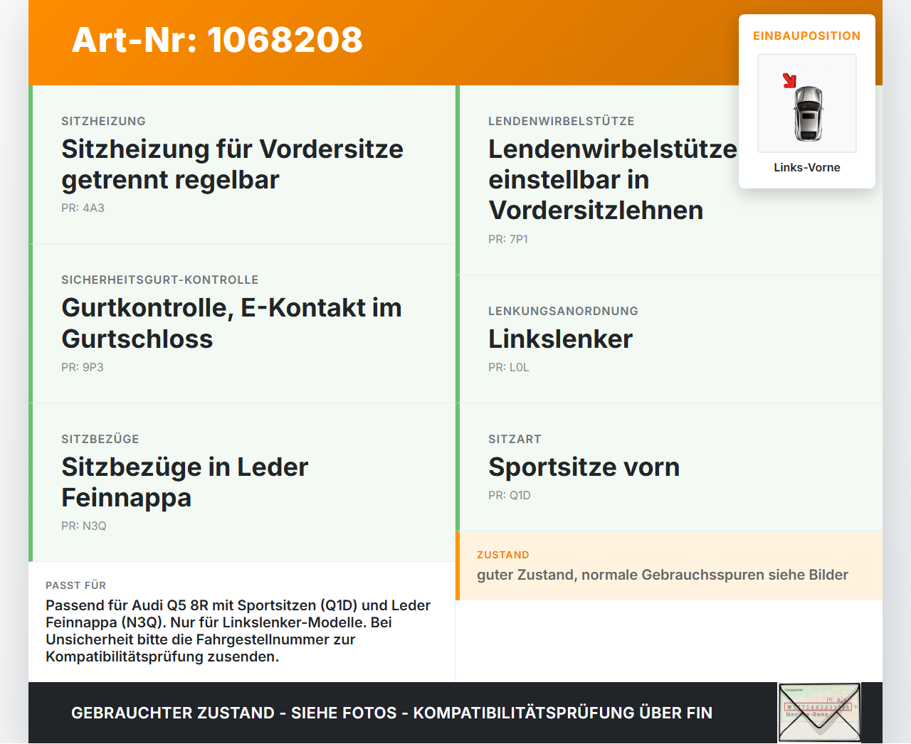 Audi Q5 8R 12-16  Leder Original Fahrersitz Rückenlehne Leder Schwarz Links Vorne Audi Q5 8R 12-16 04.10.2016... Vorschau 3