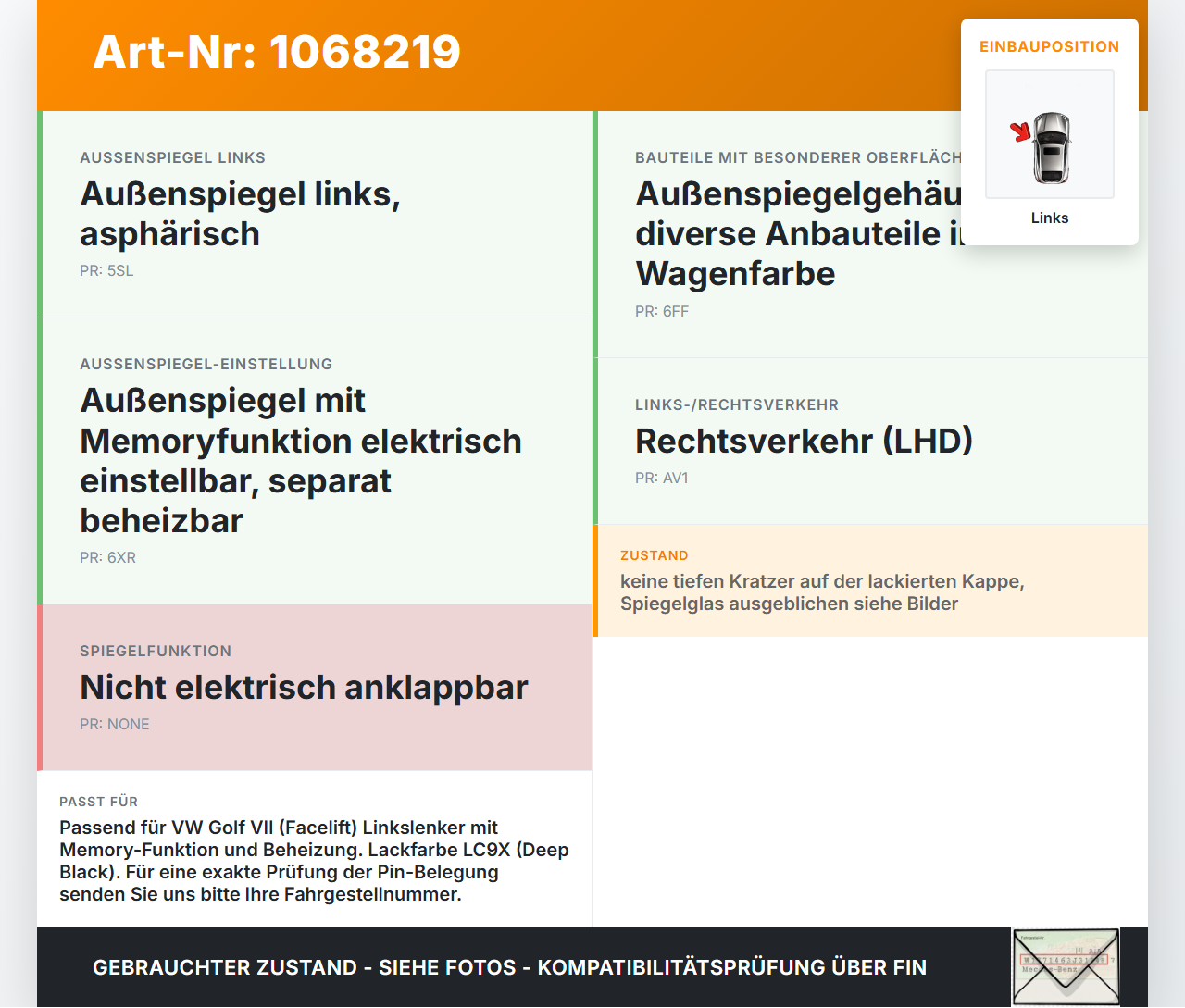 VW Golf VII 7 5G 17-20 Spiegel Aussenspiegel Links LC9X VW Golf VII 7 5G 17-20 22.11.2019 5G1857507DQ 7687501 gebraucht Vorschau 3