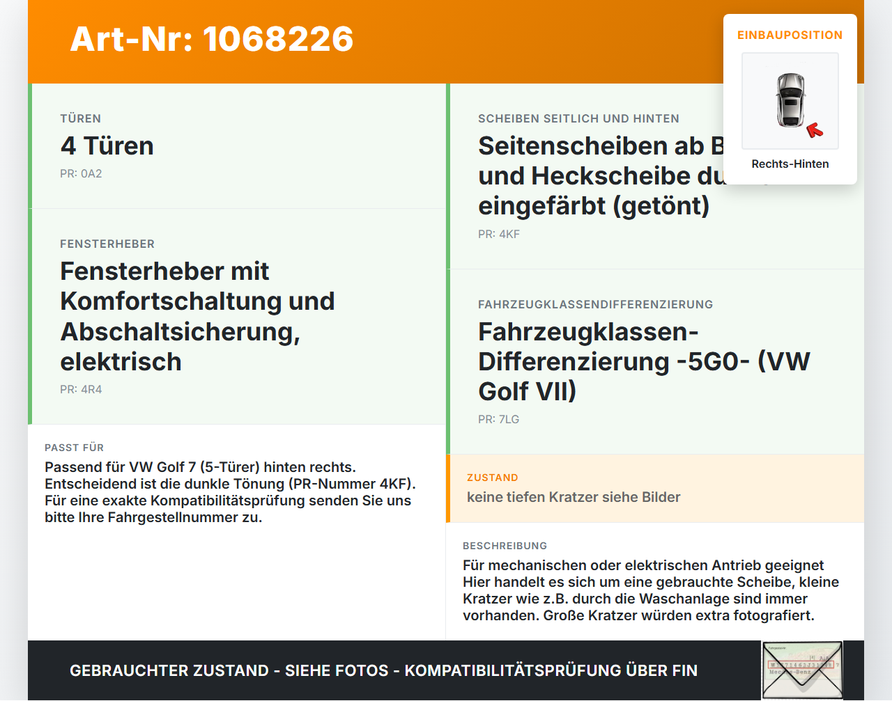 VW Golf VII 7 5G 17-20 5T Seitenscheibe RHK Türscheibe Rechts Hinten Orig. getönt VW Golf VII 7 5G 17-20 22.11.2019... Vorschau 3
