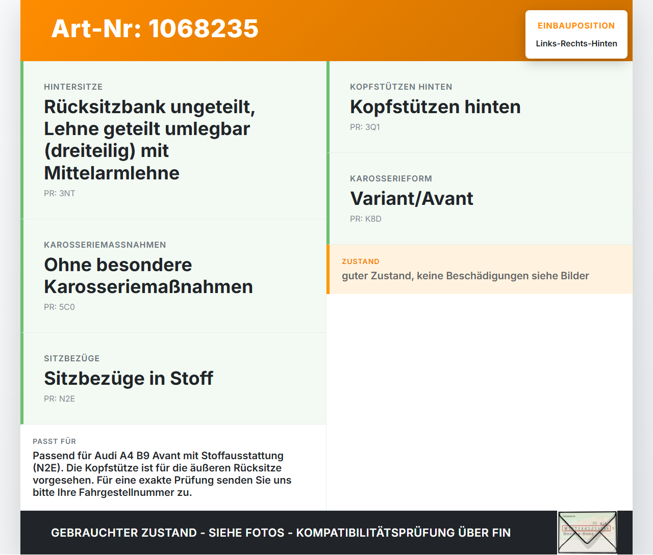 Audi A4 8W B9 19-24 Kopfstütze Rechts oder Links Hinten Audi A4 8W B9 19-24 18.12.2015 8W0885973 gebraucht Vorschau 3