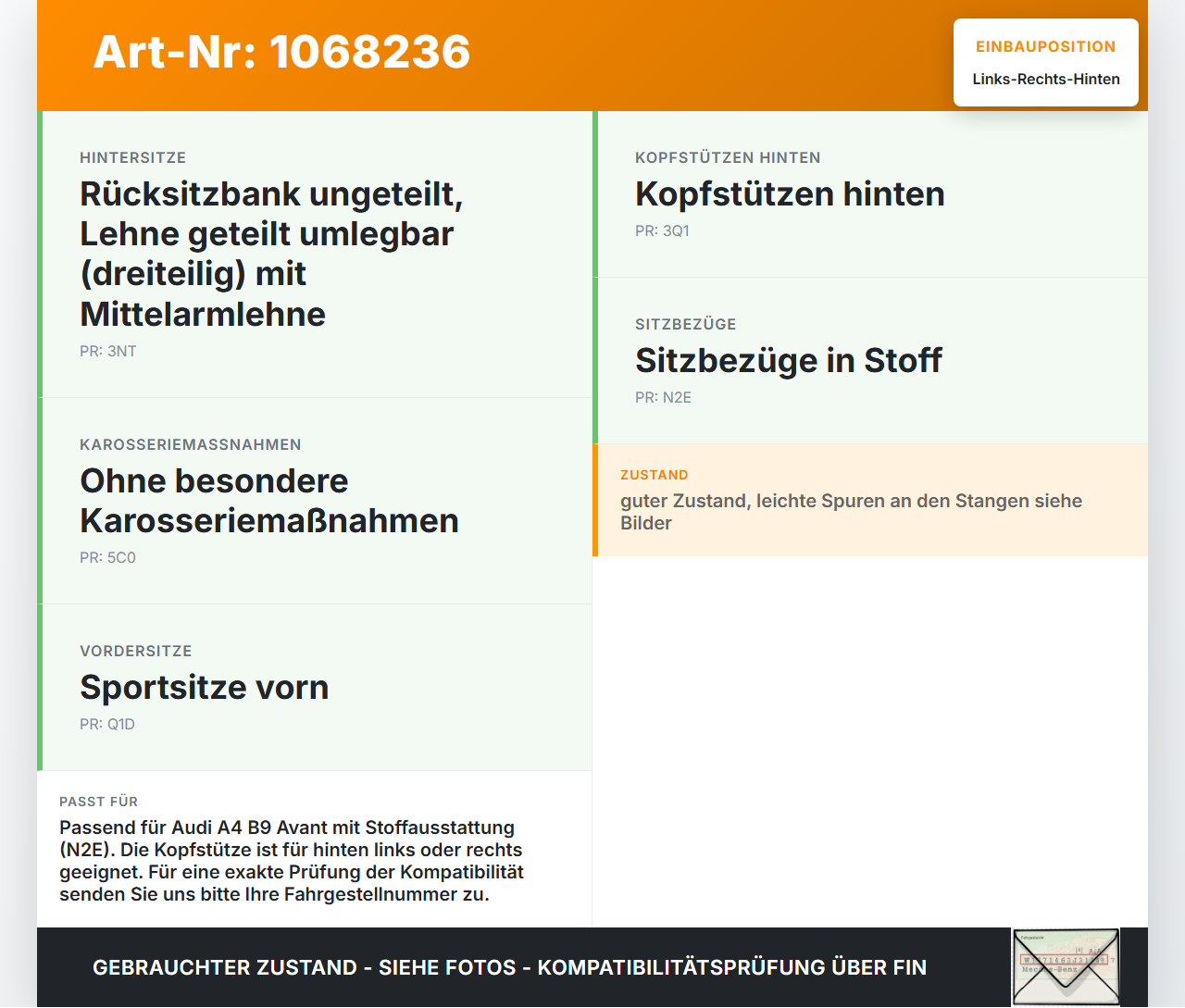 Audi A4 8W B9 19-24 Kopfstütze Rechts oder Links Hinten Audi A4 8W B9 19-24 18.12.2015 8W0885973 gebraucht Vorschau 3