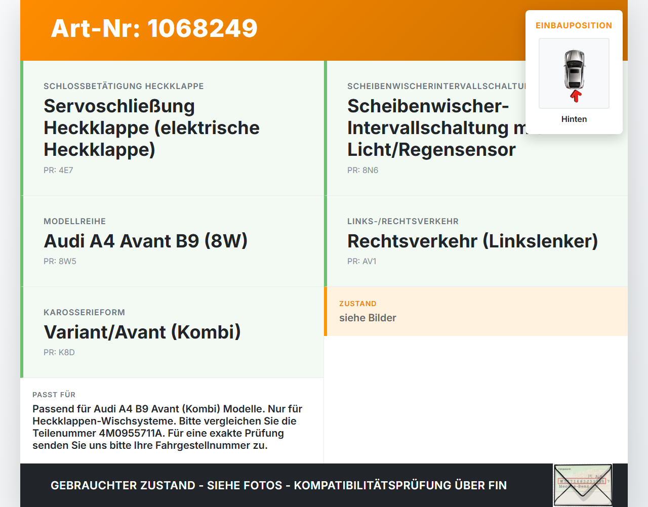 Audi A4 8W B9 19-24 Kombi Wischermotor Hinten Heckwischermotor Audi A4 8W B9 19-24 18.12.2015 4M0955711A W000064341... Vorschau 3