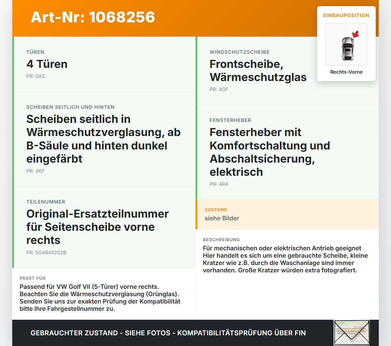VW Golf VII 7 5G 17-20 5T RVK Seitenscheibe für Tür Türscheibe Rechts Vorne VW Golf VII 7 5G 17-20 22.11.2019... Vorschau 3