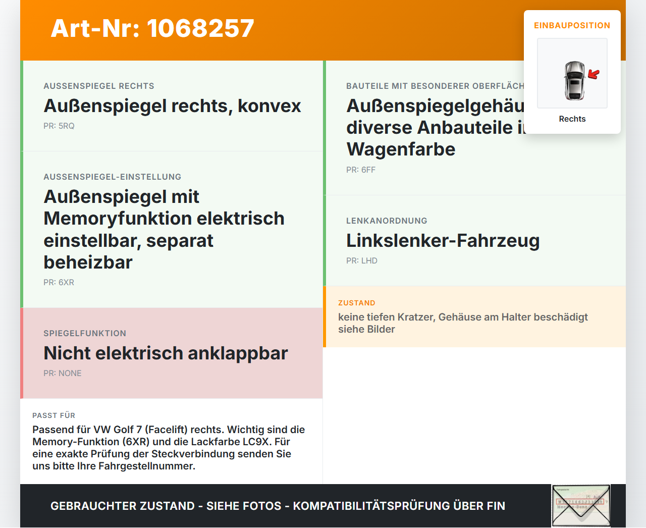 VW Golf VII 7 5G 17-20 Spiegel Aussenspiegel Rechts beheizt LC9X VW Golf VII 7 5G 17-20 22.11.2019 5G1857508FD gebraucht Vorschau 3