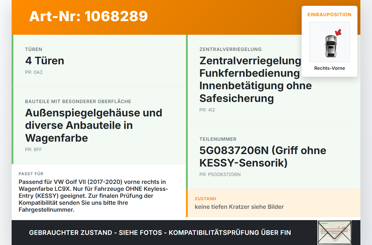 VW Golf VII 7 5G 17-20 5T Türgriff Griff aussen Rechts Vorne LC9X VW Golf VII 7 5G 17-20 22.11.2019 5G0837206N gebraucht Vorschau 3