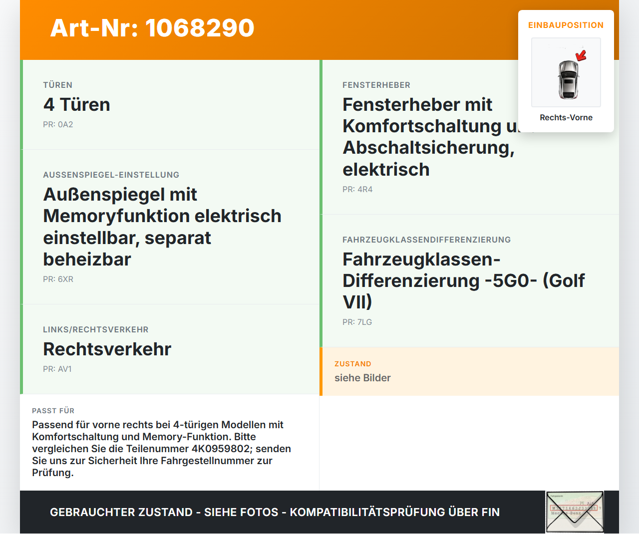 VW Golf VII 7 5G 17-20 5T Fensterhebermotor Rechts Vorne VW Golf VII 7 5G 17-20 22.11.2019 4K0959802 5Q4959592K... Vorschau 3