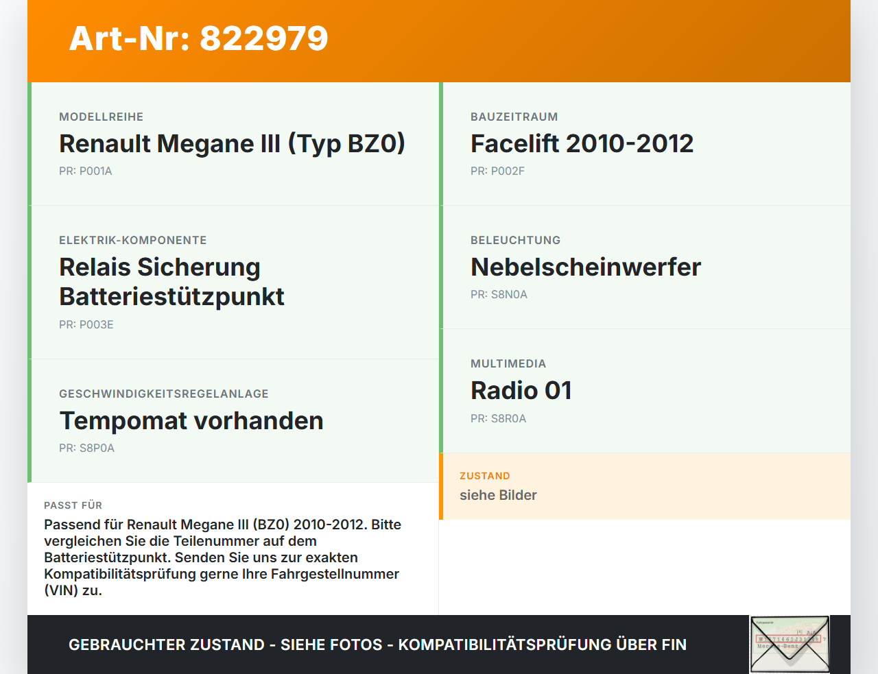Renault Megane III BZ0 10-12 Relais Sicherung Batteriestützpunkt Renault Megane III BZ0 10-12 28.09.2011 gebraucht Vorschau 3