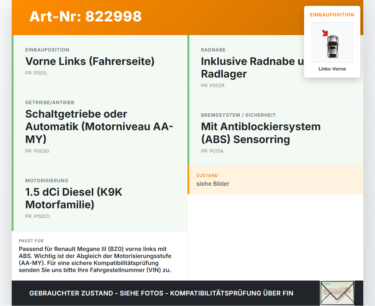 Renault Megane III BZ0 10-12 dCi 1,5 66KW Achsschenkel Radnabe mit ABS Links Vorne Renault Megane III BZ0 10-12... Vorschau 3