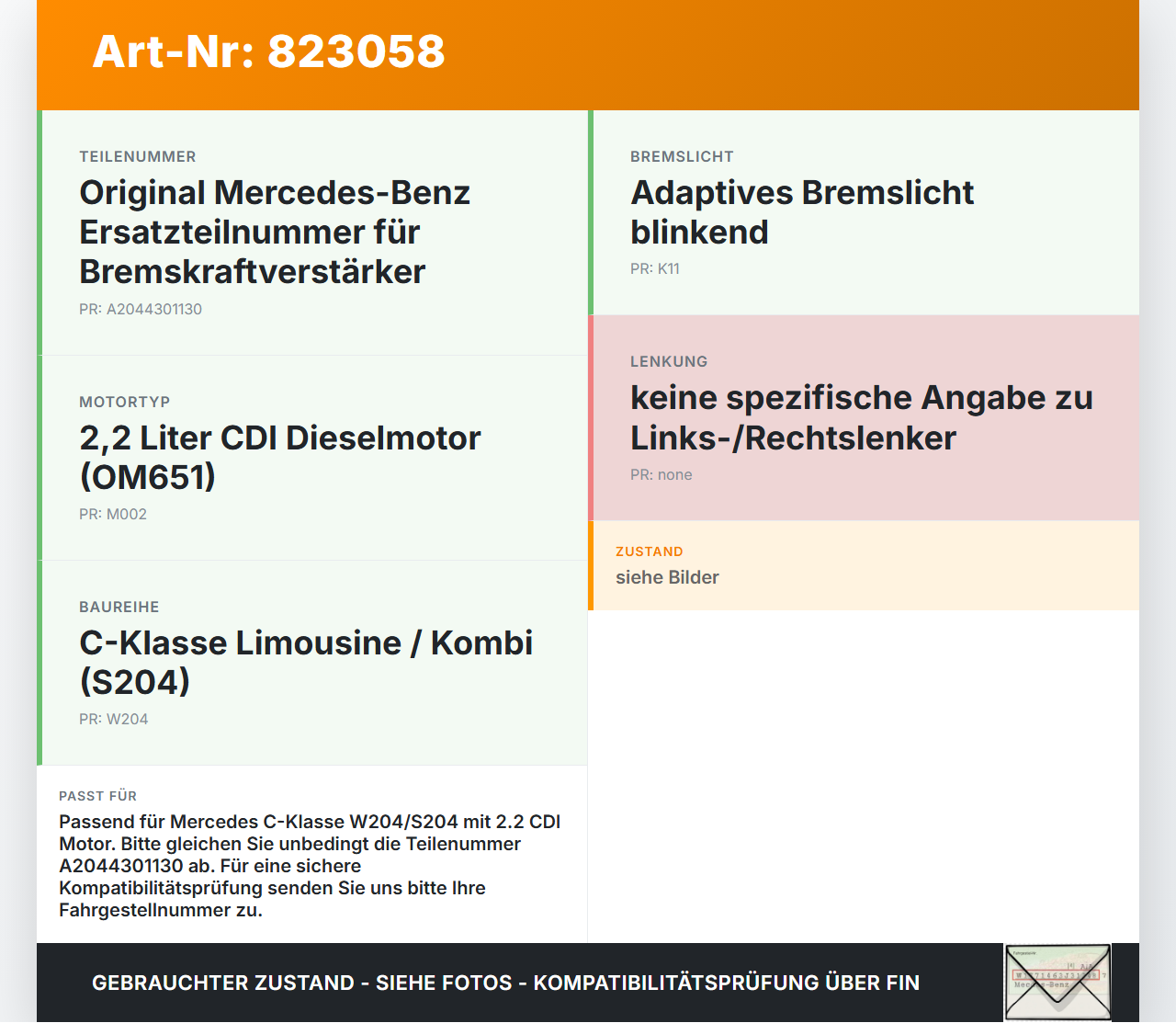 Mercedes W204 S204 C220 07-14 CDI 2,2 125KW Bremskraftverstärker Mercedes W204 S204 C220 07-14 07.10.2009... Vorschau 3