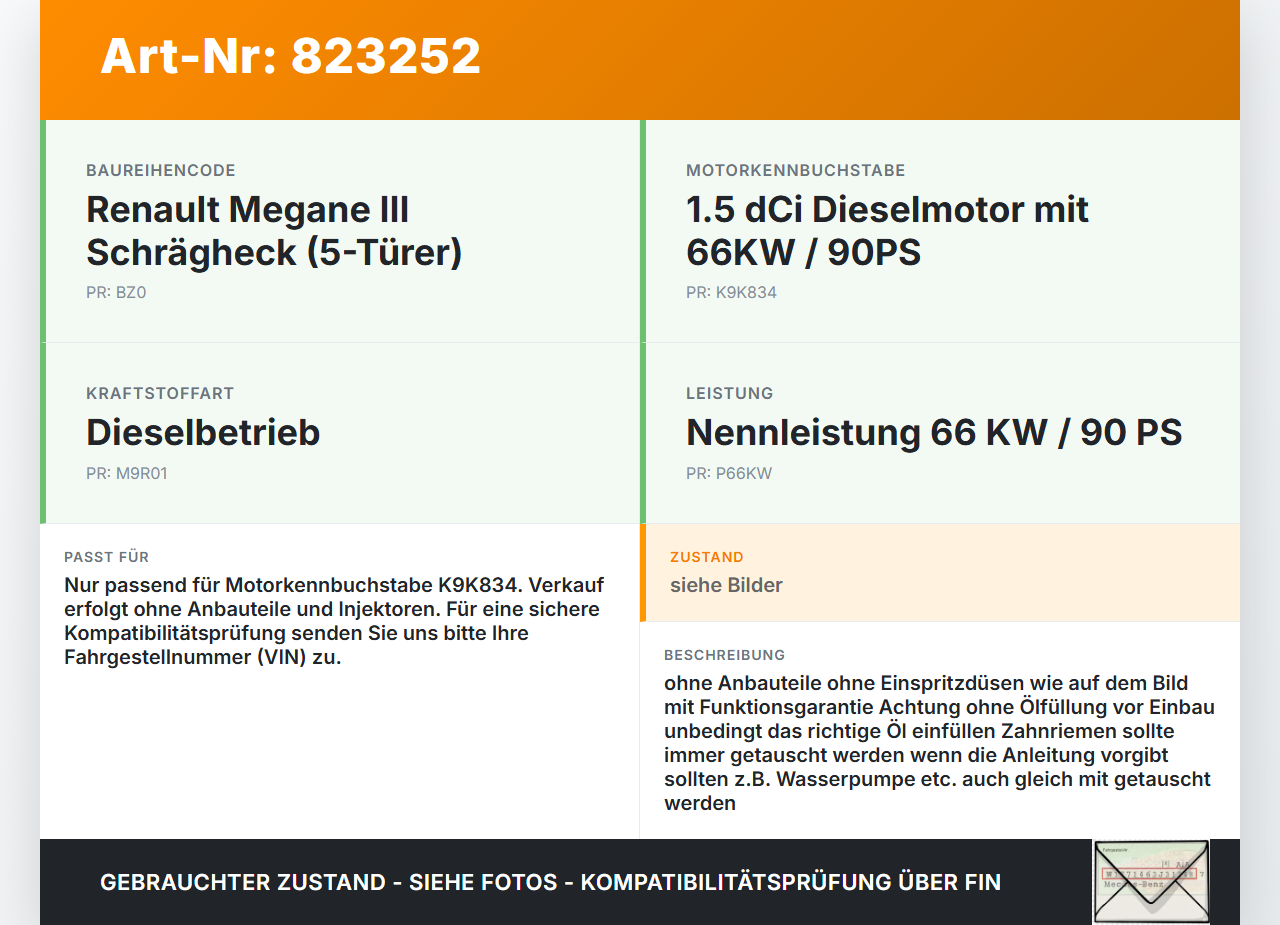 Renault Megane III BZ0 10-12 dCi 1,5 66KW K9K834 Motor Renault Megane III BZ0 10-12 28.09.2011 gebraucht Vorschau 3