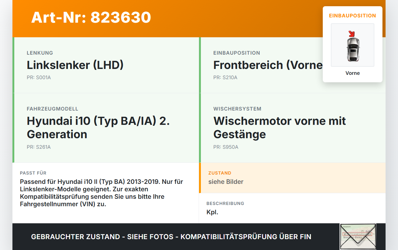 Hyundai I10 II BA 13-19 Wischermotor m. Wischergestänge Vorne Hyundai I10 II BA 13-19 08.12.2014 gebraucht Vorschau 3