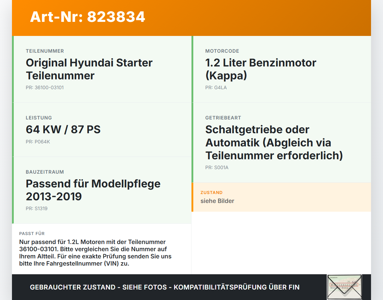 Hyundai I10 II BA 13-19 1,2 64KW Anlasser Starter Hyundai I10 II BA 13-19 08.12.2014 36100-03101 gebraucht Vorschau 3