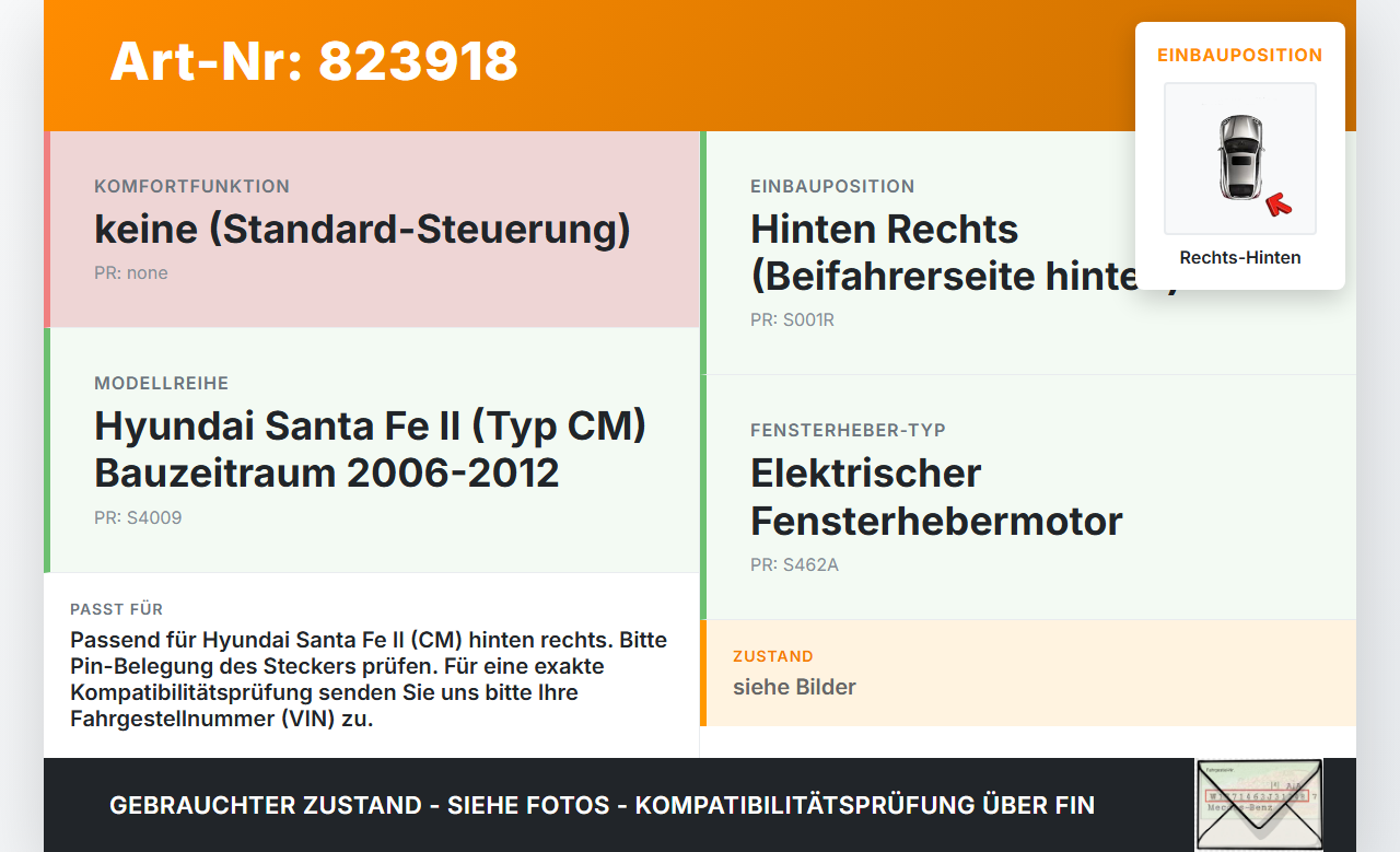 Hyundai Santa Fe II CM 06-12 Fensterhebermotor Rechts Hinten Hyundai Santa Fe II CM 06-12 30.10.2006 400908 gebraucht Vorschau 3
