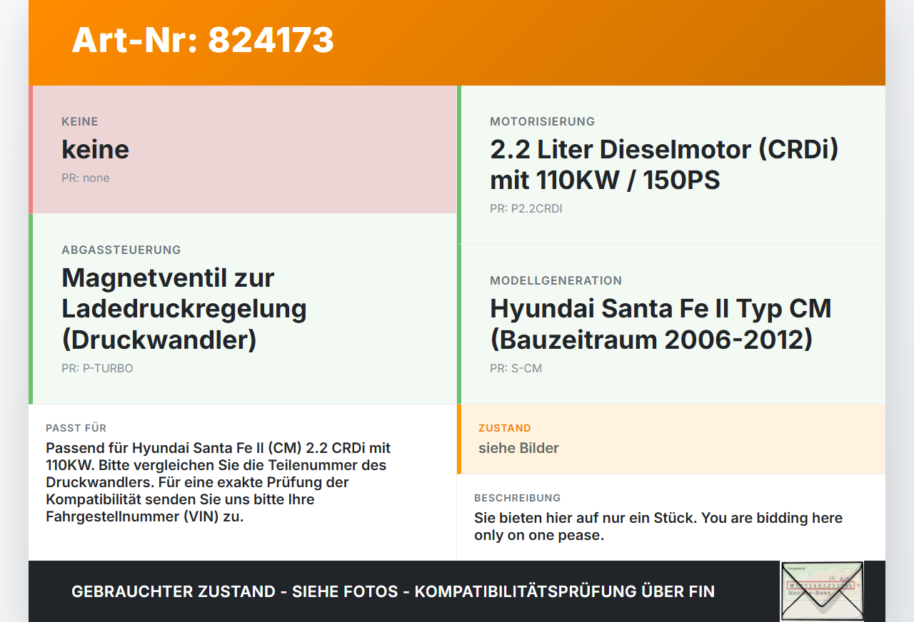 Hyundai Santa Fe II CM 06-12 2,2 110KW Magnetventil Druckwandler Hyundai Santa Fe II CM 06-12 30.10.2006 gebraucht Vorschau 3