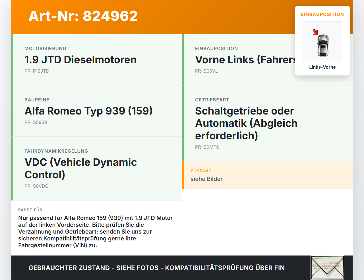 Alfa Romeo 159 939 06-11 JTD 1,9 110KW Autom Antriebswelle Gelenkwelle Links Vorne Alfa Romeo 159 939 06-11... Vorschau 3