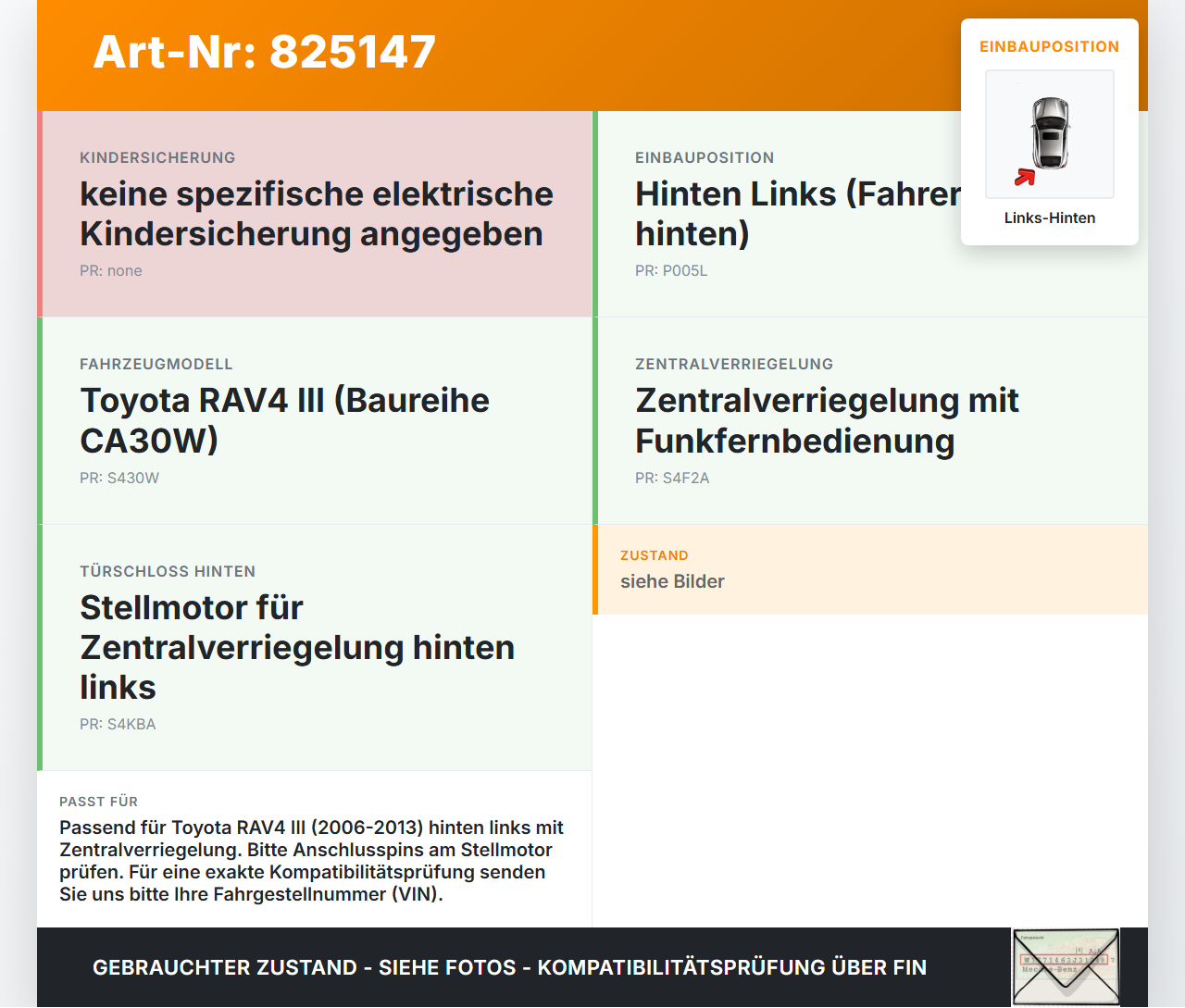 Toyota RAV4 III CA30W 06-13 Türschloss m. ZV Stellmotor Links Hinten Toyota RAV4 III CA30W 06-13 19.04.2006 6020108... Vorschau 3