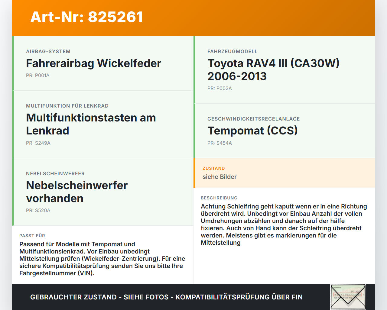 Toyota RAV4 III CA30W 06-13 Airbag Schleifring Wickelfeder Toyota RAV4 III CA30W 06-13 19.04.2006 42030-75B494 gebraucht Vorschau 3
