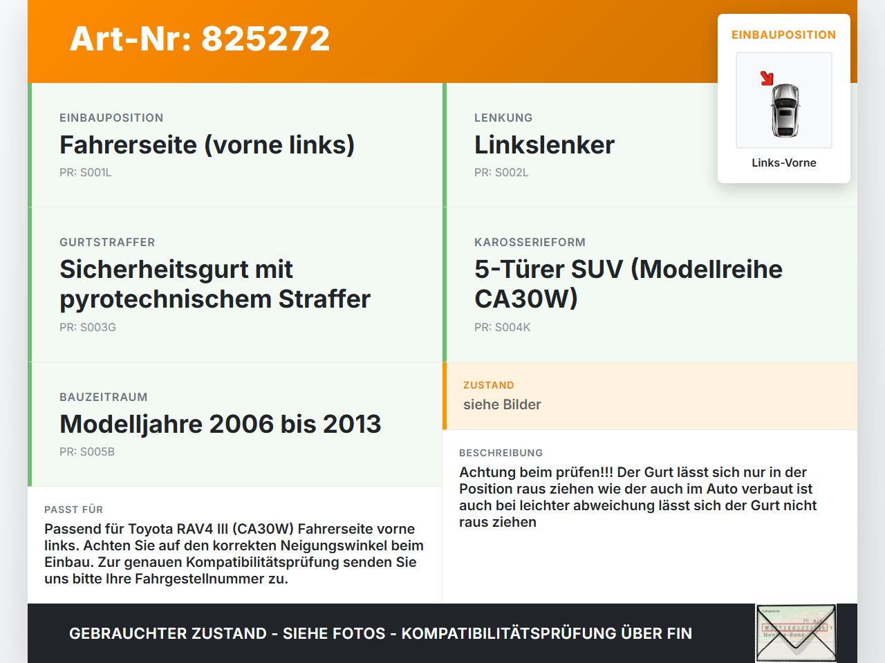 Toyota RAV4 III CA30W 06-13 Gurt Sicherheitsgurt m. Gurtstraffer Fahrer Links Vorne Toyota RAV4 III CA30W 06-13... Vorschau 3