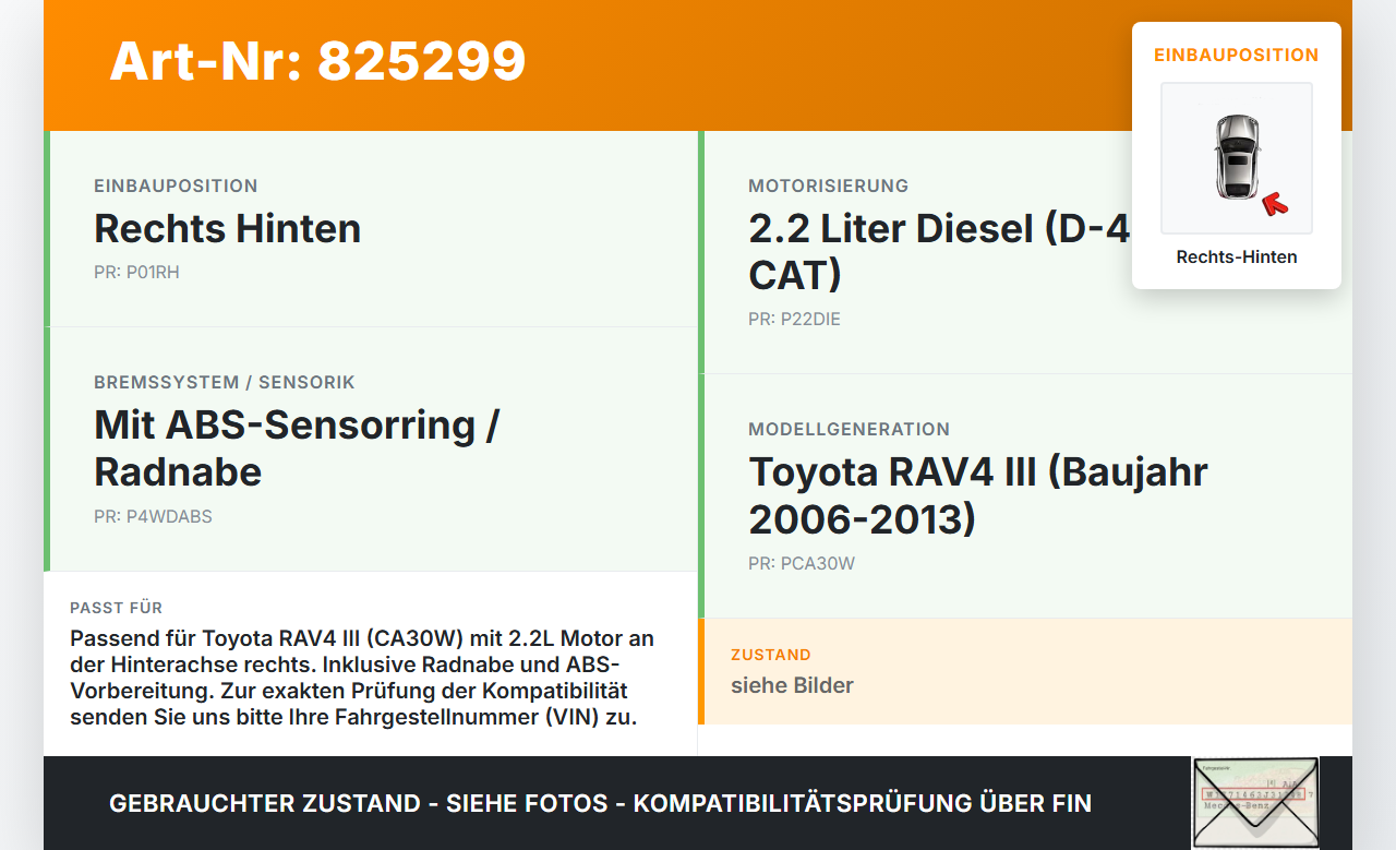 Toyota RAV4 III CA30W 06-13  2.2 130KW Achsschenkel Radnabe mit ABS Rechts Hinten Toyota RAV4 III CA30W 06-13... Vorschau 3