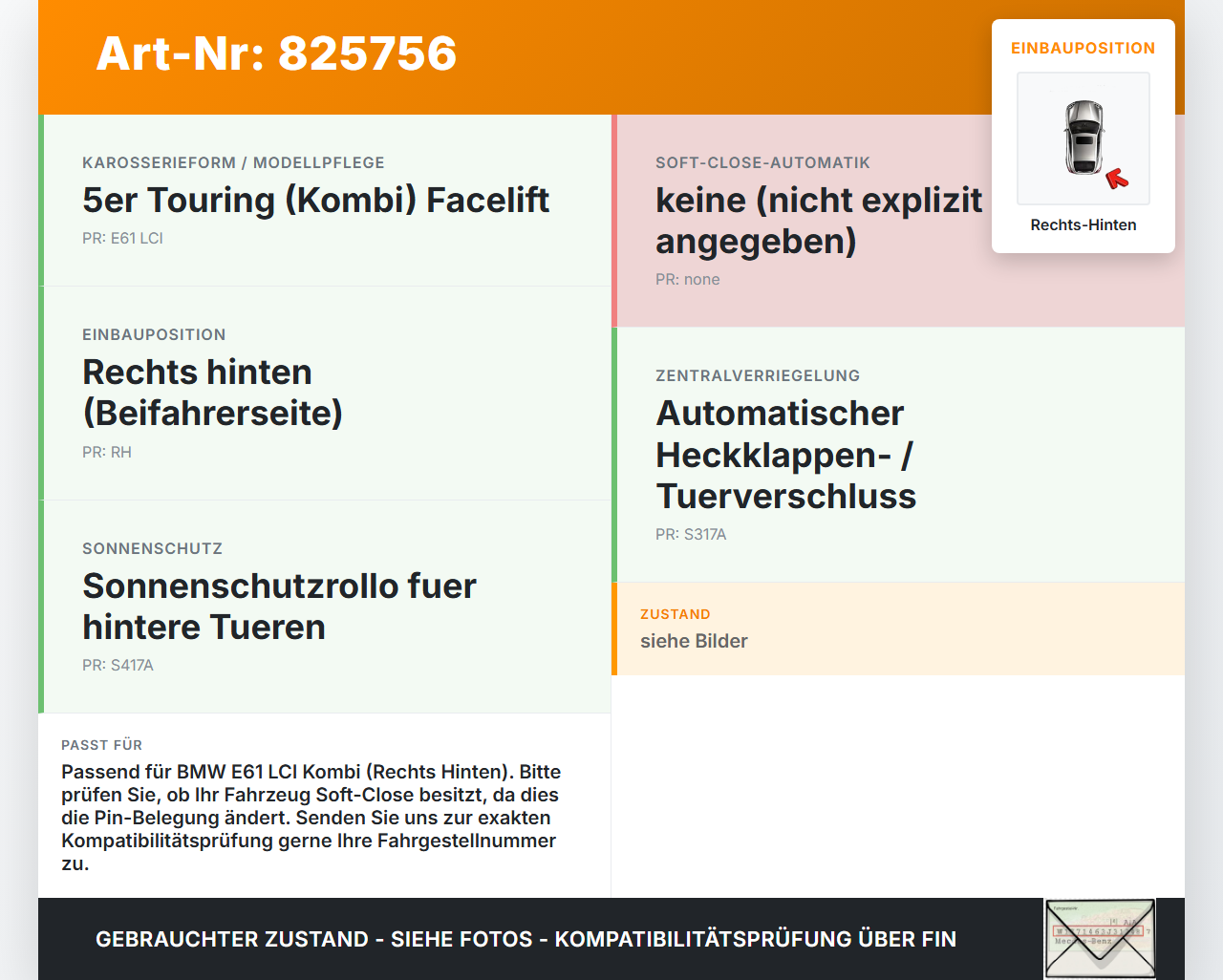 BMW E61 LCI 530d 07-10 Kombi Türschloss m. ZV Stellmotor Rechts Hinten BMW E61 LCI 530d 07-10 24.06.2009 gebraucht Vorschau 3