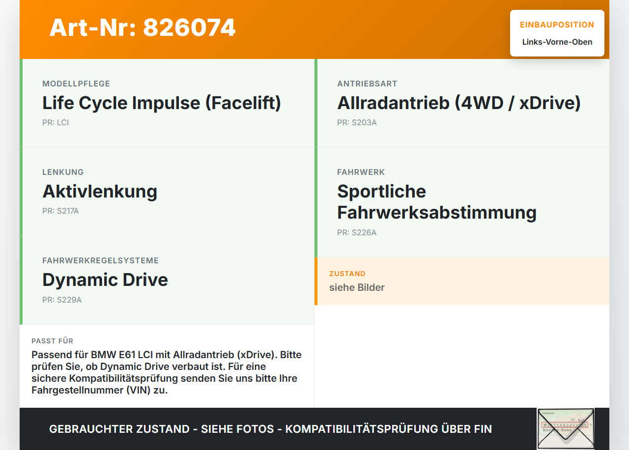 BMW E61 LCI 530d 07-10 Querlenker Links Vorne Oben BMW E61 LCI 530d 07-10 24.06.2009 gebraucht Vorschau 3