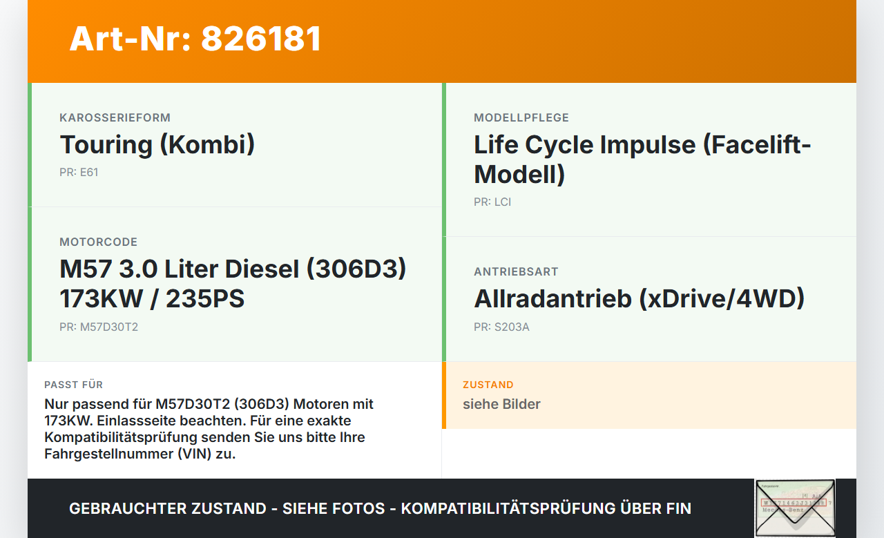 BMW E61 LCI 530d 07-10 3,0d 173KW 306D3 M57/T2 Nockenwelle Einlass BMW E61 LCI 530d 07-10 24.06.2009 gebraucht Vorschau 3