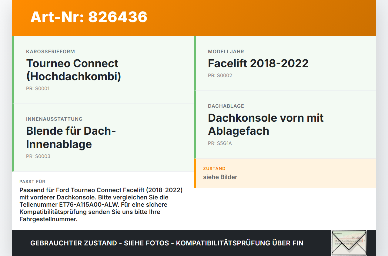Ford Tourneo Connect 18-22 Blende Innen Ablage für Dach Ford Tourneo Connect 18-22 26.09.2019 ET76-A115A00-ALW gebraucht Vorschau 3